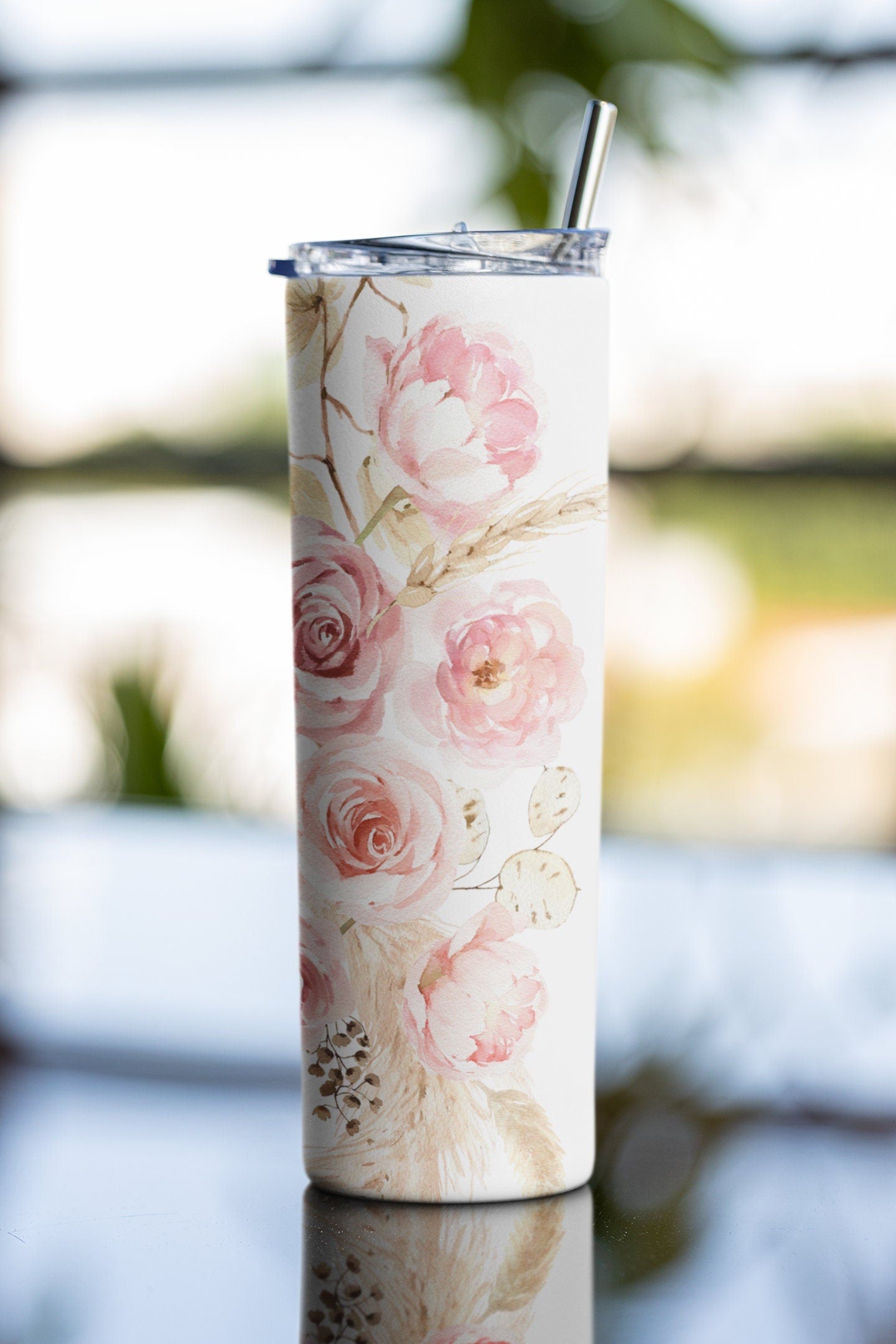 Glow in the dark Personalized Pink/Peach Floral Sublimation Skinny 20 oz Tumbler, Personalized floral tumbler, Bridesmaid or wedding gift