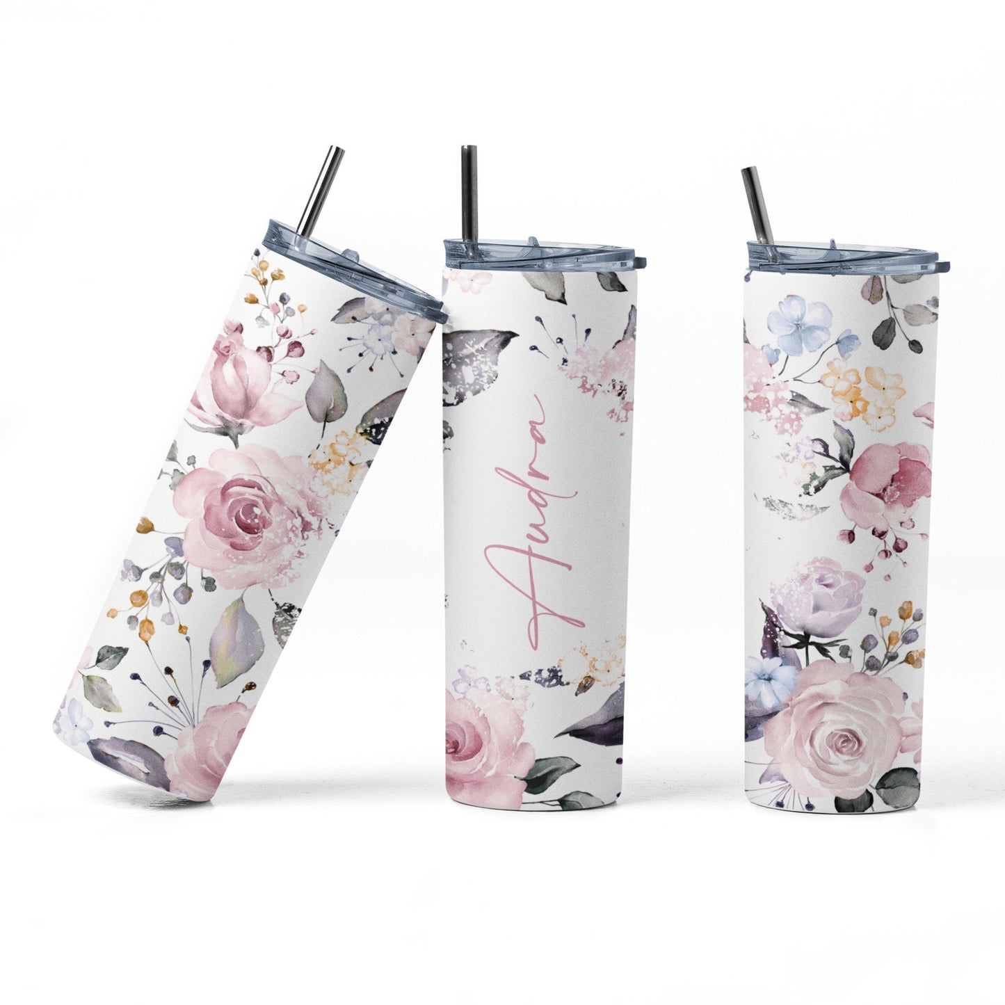 GLOW in the Dark Personalized Watercolor Floral Sublimation 20 oz Tumbler, Insulated Cup, Bridesmaid, Mother's Day, or Valentine gift.