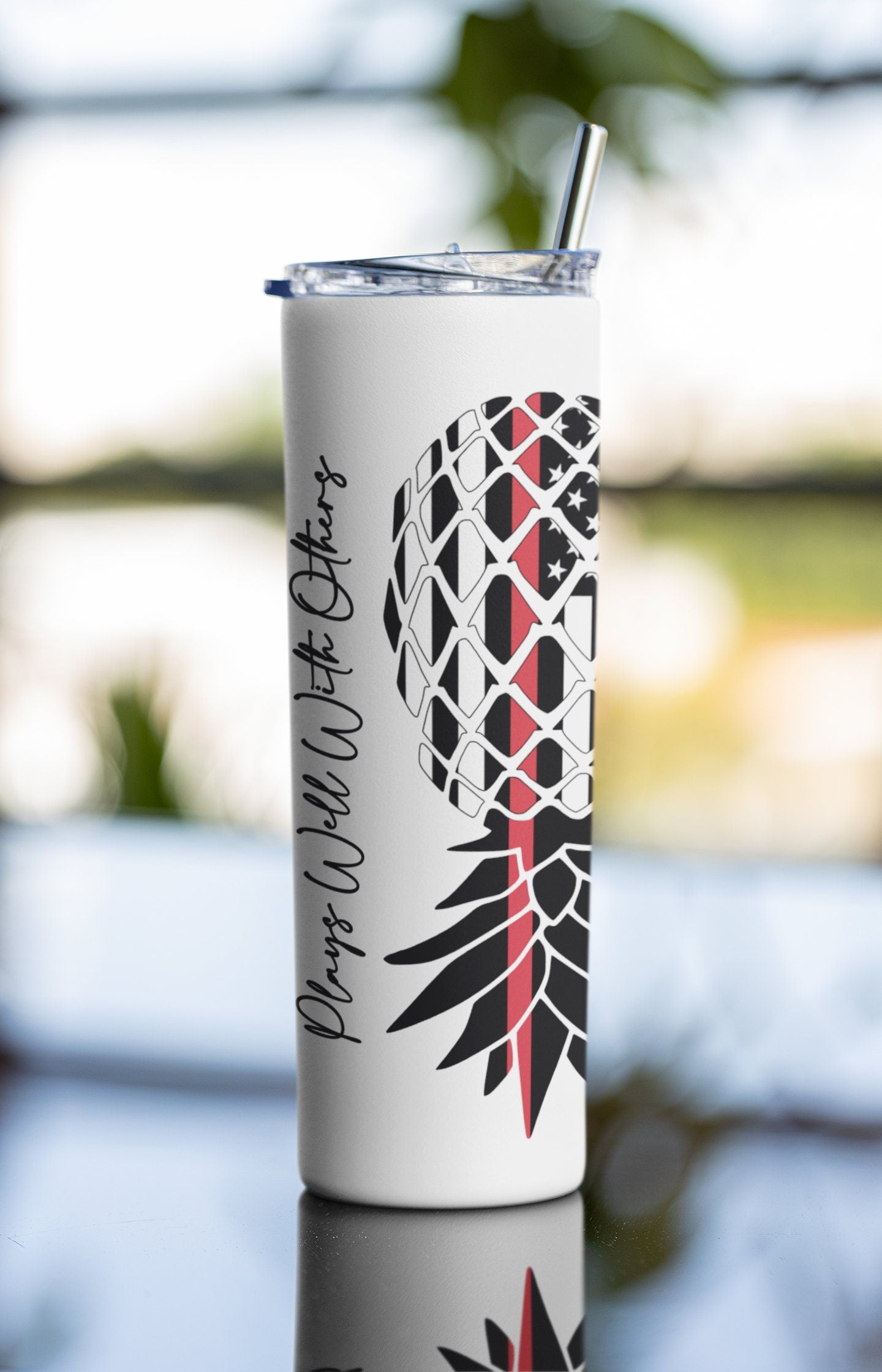 Upside Down Pineapple Plays Well With Others Thin RED line Fire Fighter Sublimation 20 oz Tumbler, Swinger/Lifestyle Tumbler, Insulated Cup