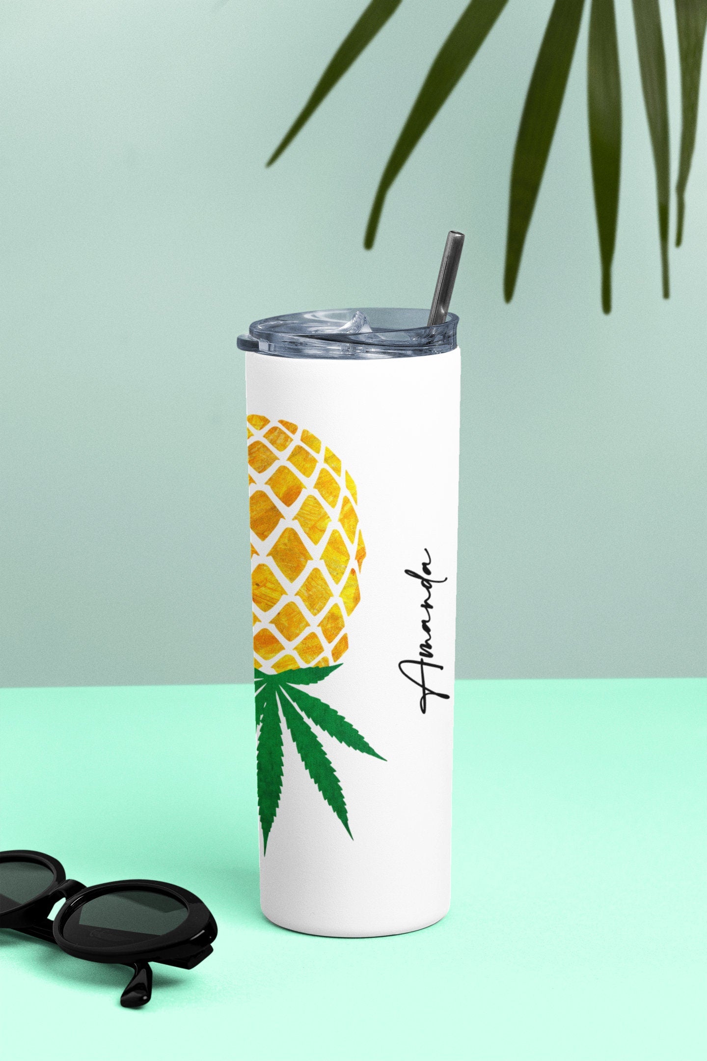 Weed Upside Down Pineapple Personalized Glow Tumbler - 420 Weed Pineapple Plays Well With Others Lifestyle