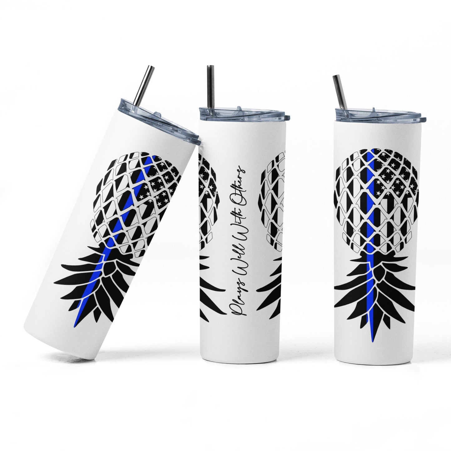 GLOW in the Dark Thin Blue Line LEO Upside Down Pineapple Plays Well With Others Sublimation 20 oz Tumbler, Lifestyle/Swinger/Gag Gift