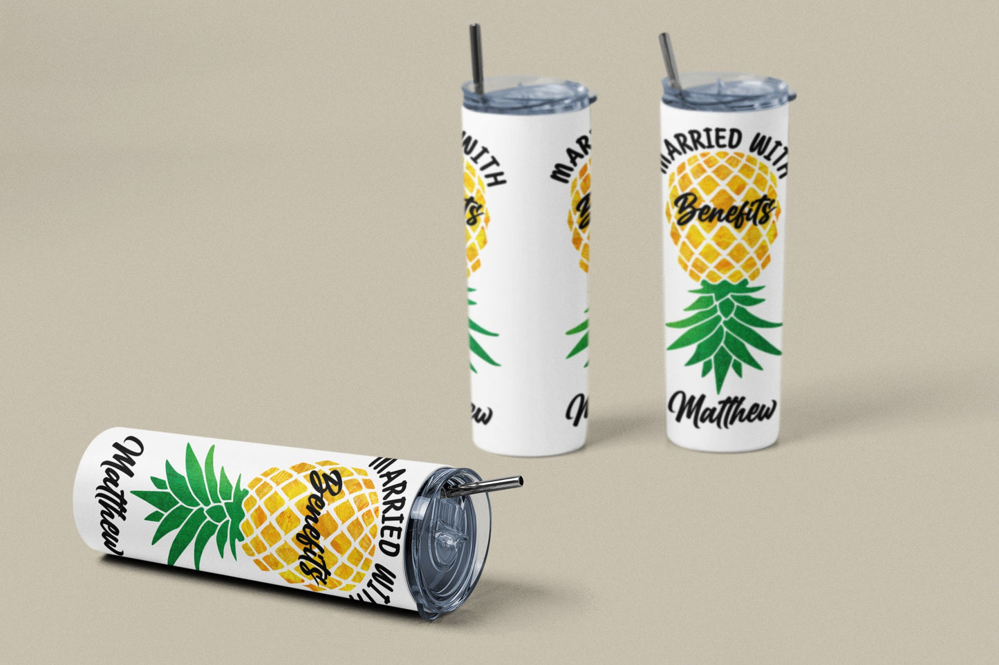 Personalized Married With Benefits Upside Down Pineapple Sublimation 20 oz Tumbler, Swinger/Lifestyle Tumbler, Yellow upside down pineapple