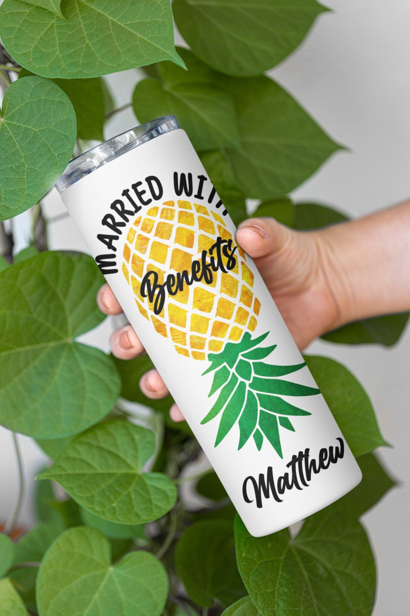Personalized Married With Benefits Upside Down Pineapple Glow Tumbler