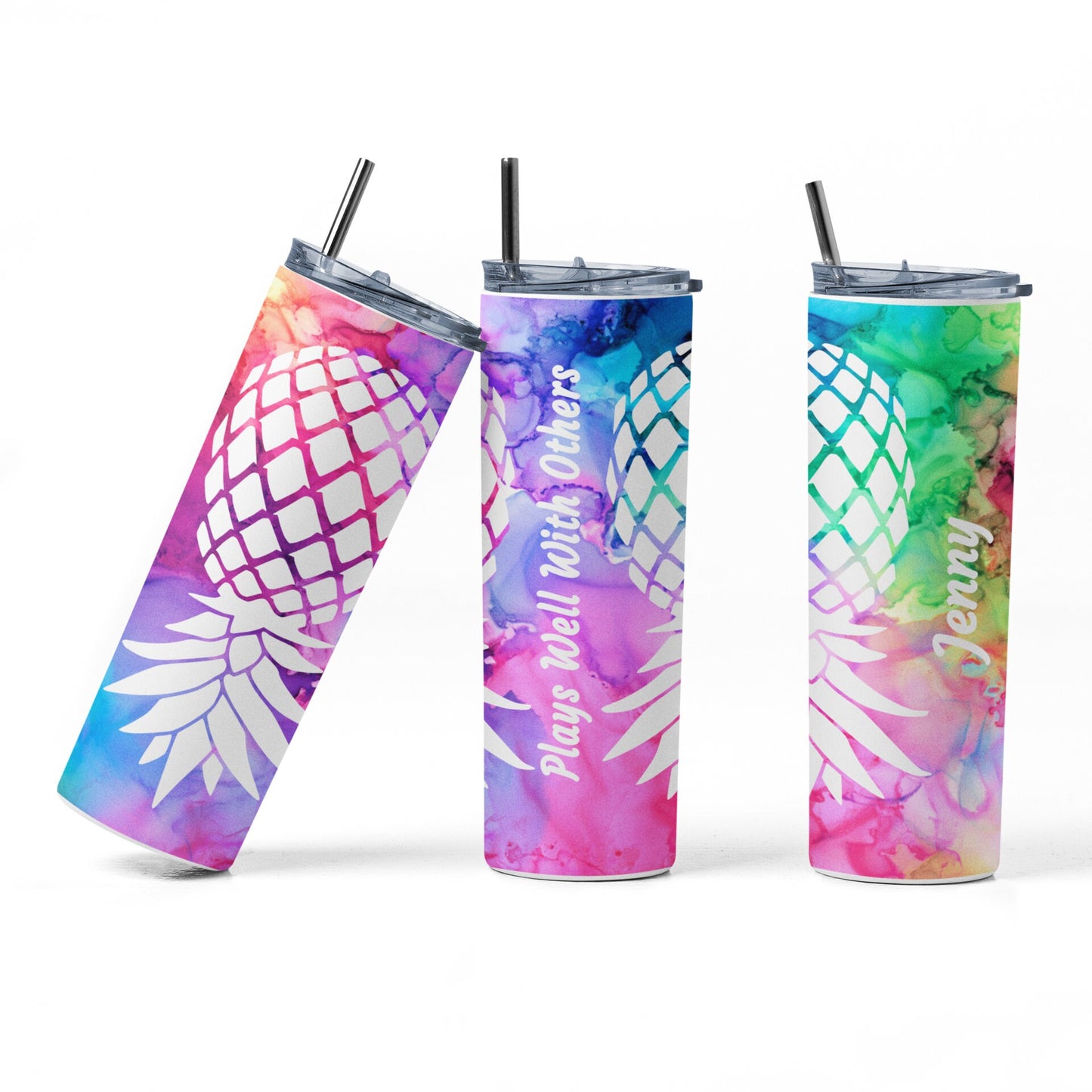 Bold PERSONALIZED White Upside Down Pineapple 20 oz Tumbler, Swinger/Lifestyle Tumbler, Plays Well With Others Sublimation Cup, Gag Gift