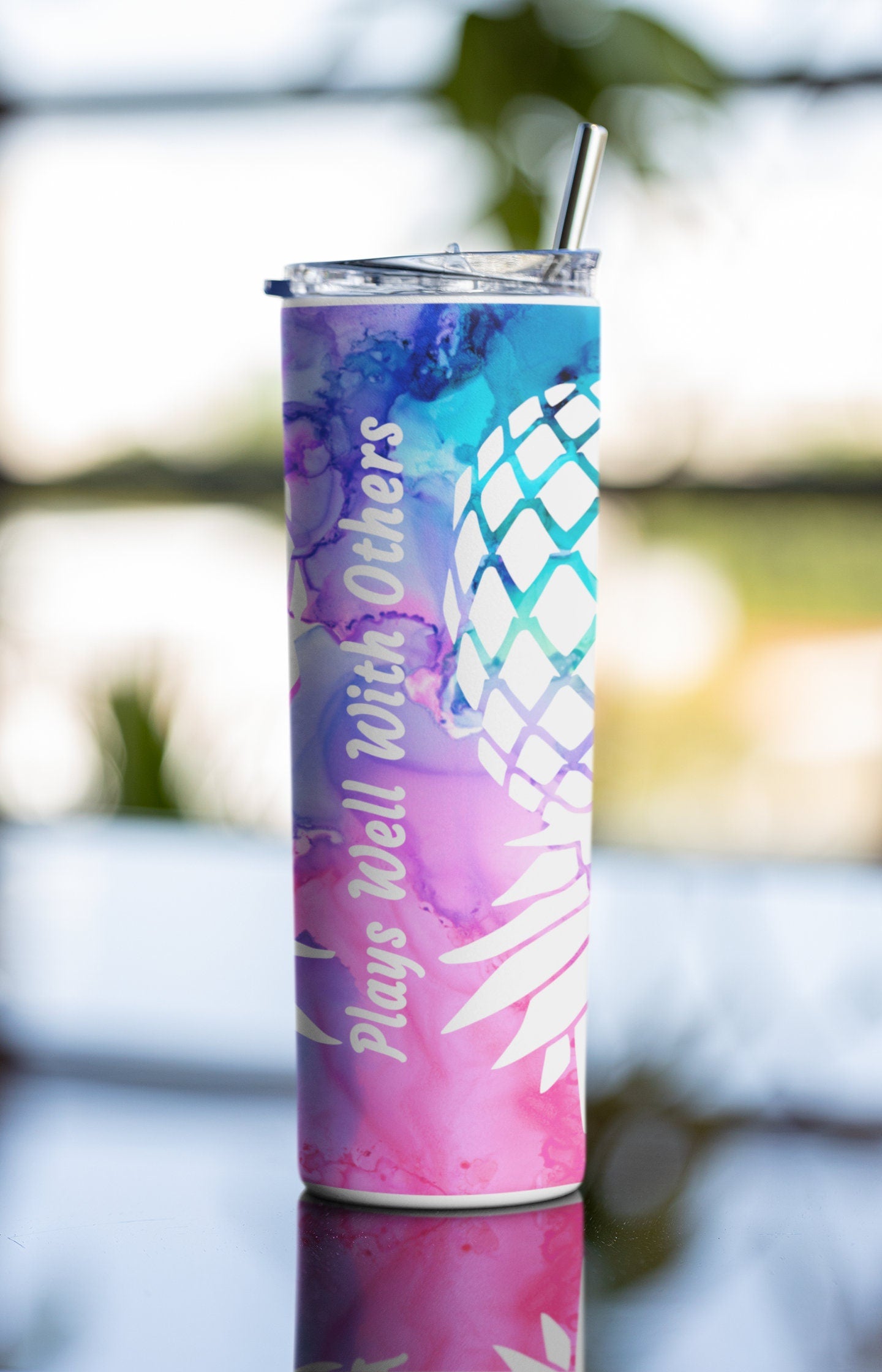Bold White Upside Down Pineapple Personalized Glow Tumbler - Plays Well With Others Lifestyle Gift