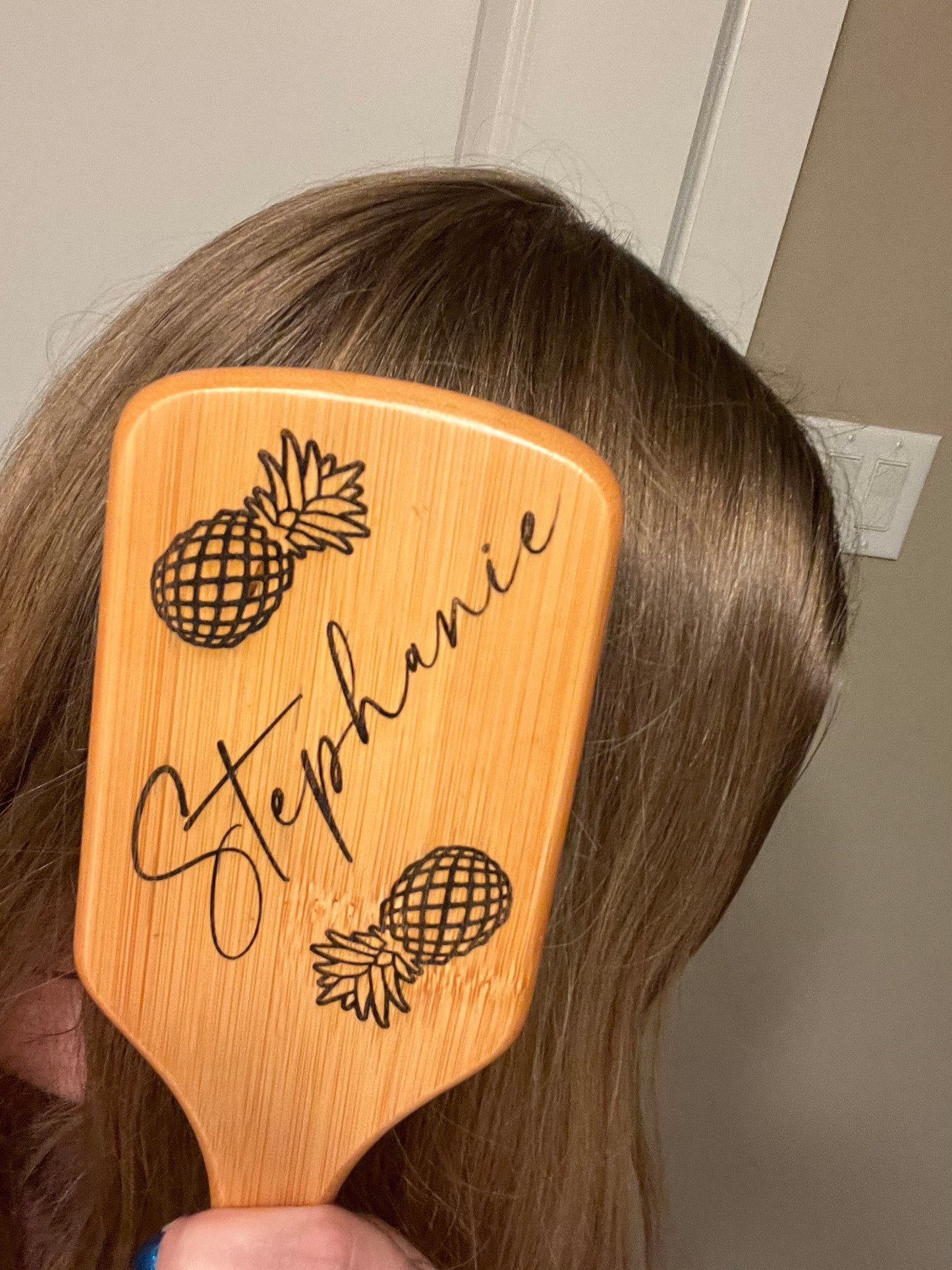 Personalized Upside Down Pineapple Brush, Bamboo Wooden Paddle Hair Brush, Engraved Hair Accessory, Women's Birthday Gift, Gag Gift
