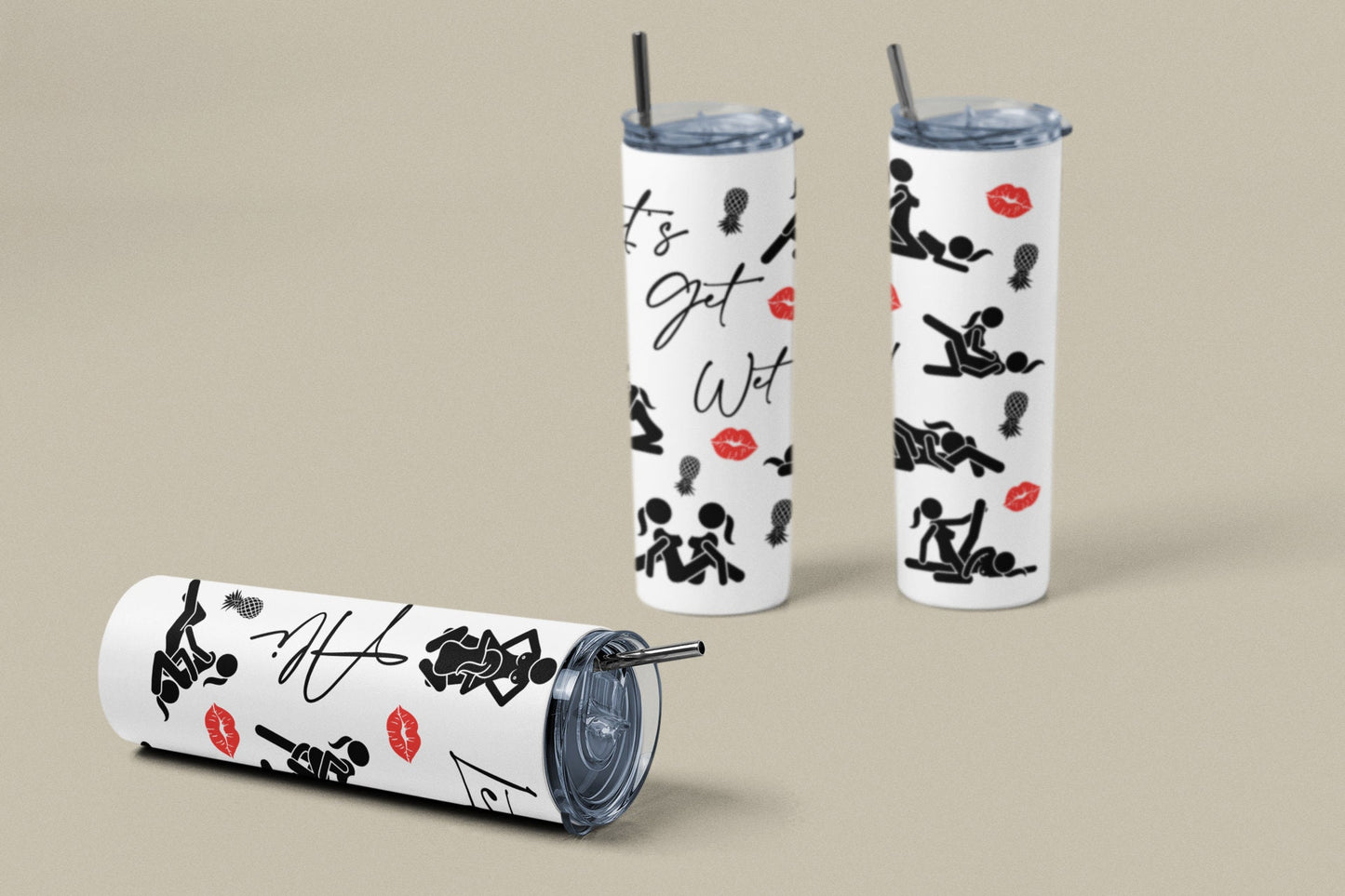Personalized Let's Get Wet! Swinger GLOW Tumbler, Girl on Girl Sex Positions With Upside Down Pineapples, 20 oz Skinny Cup, Naughty gift