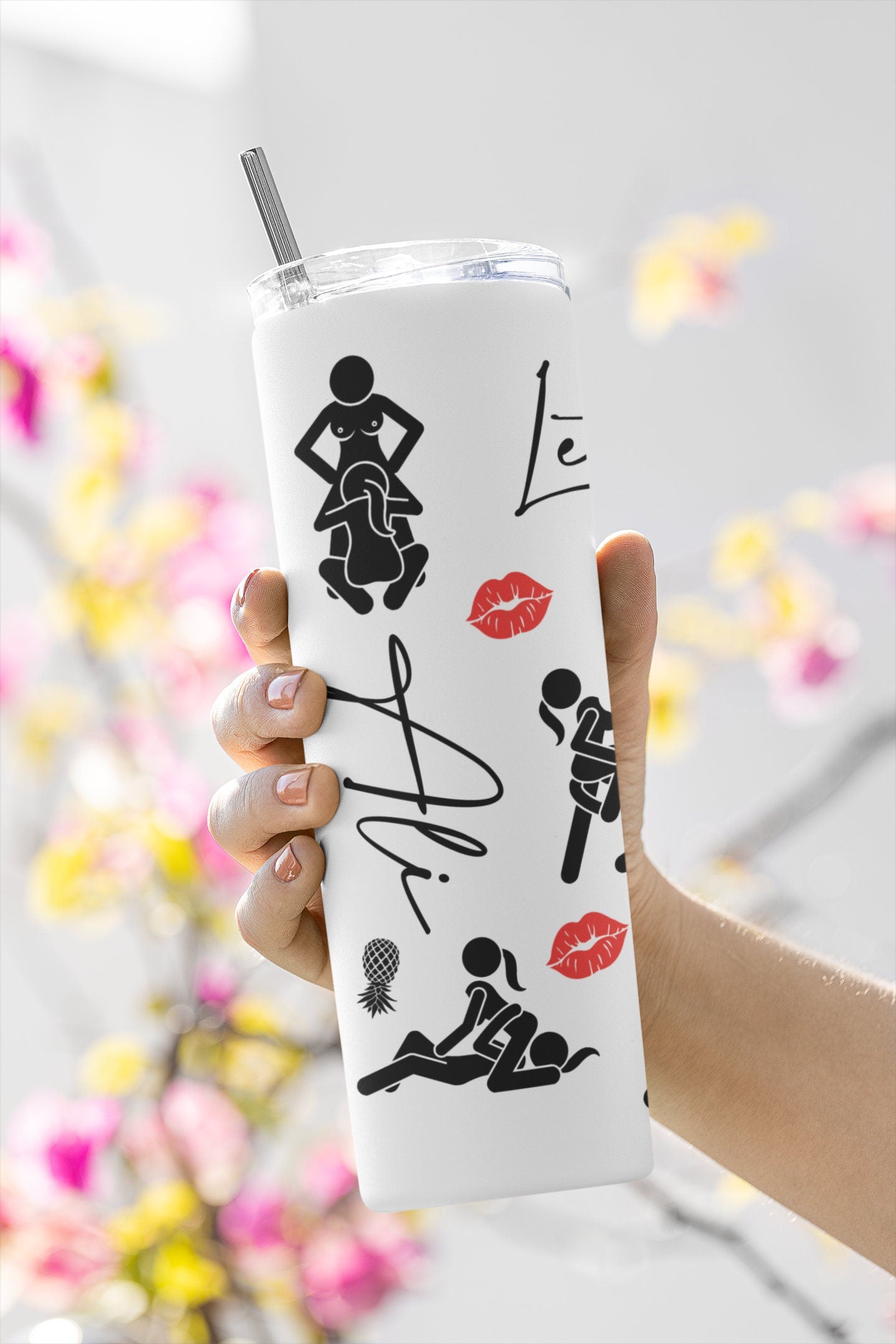 Personalized Let's Get Wet! Swinger GLOW Tumbler, Girl on Girl Sex Positions With Upside Down Pineapples, 20 oz Skinny Cup, Naughty gift