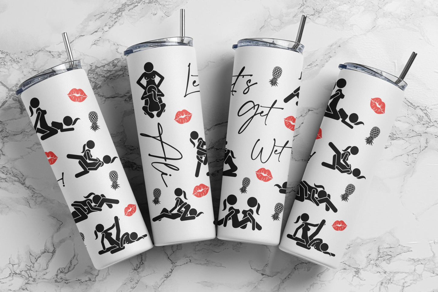 Personalized Let's Get Wet! Swinger GLOW Tumbler, Girl on Girl Sex Positions With Upside Down Pineapples, 20 oz Skinny Cup, Naughty gift