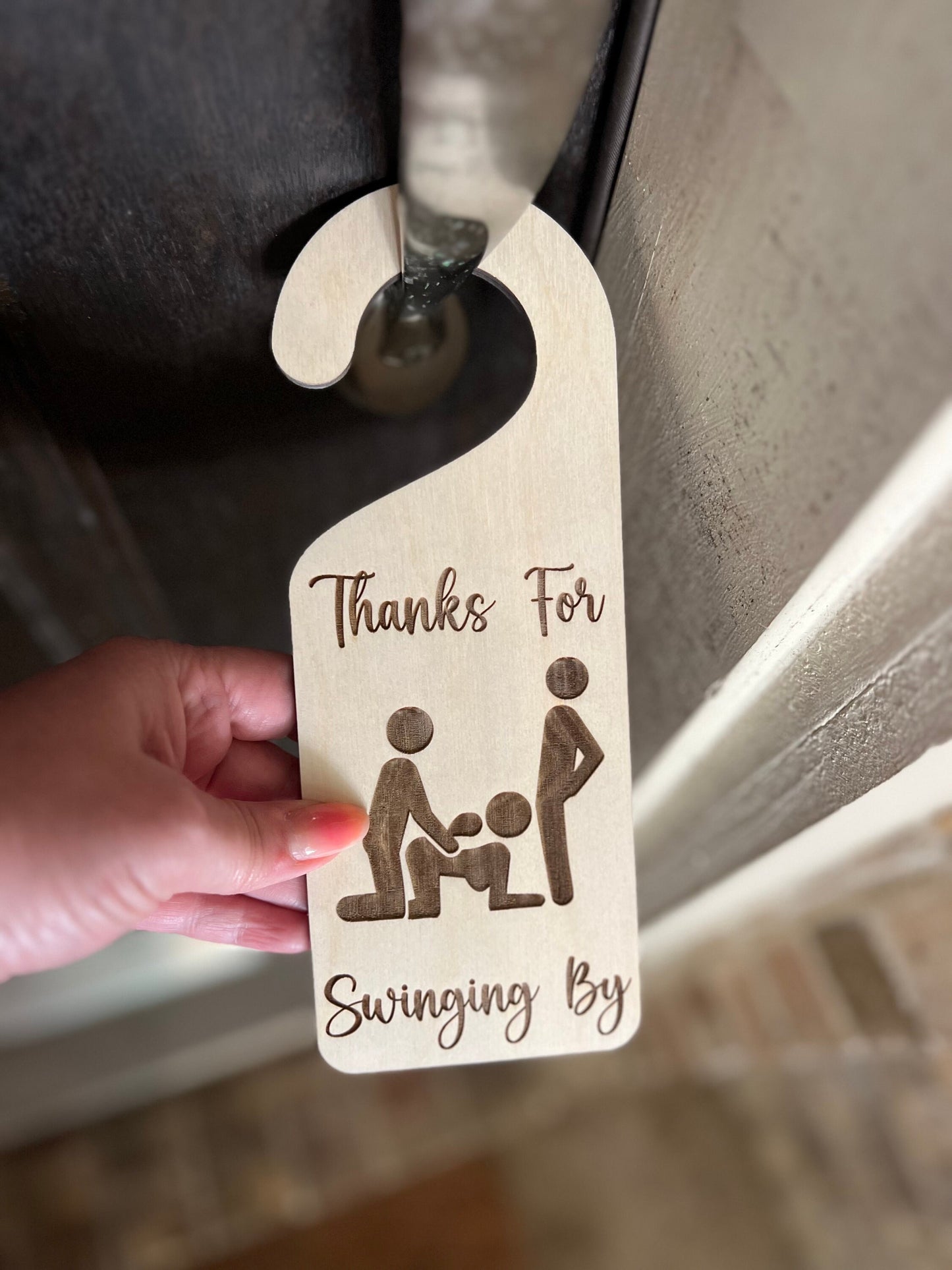 Thanks For Swinging By Door Knob Hanger, Sexual Stick Figure Door Sign, Swinger / Lifestyle Decor, Naughty Gift