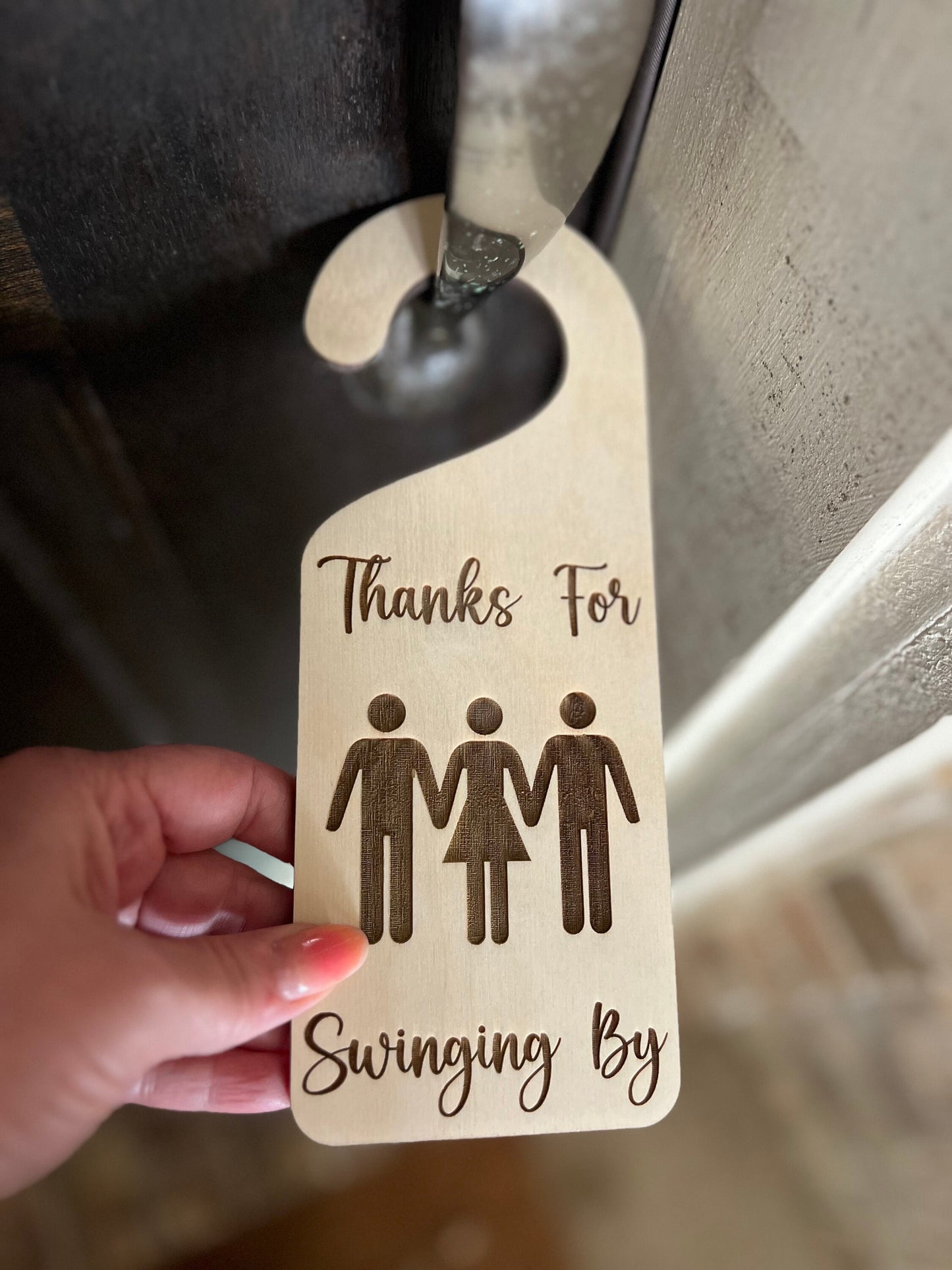 Thanks For Swinging By Door Knob Hanger, Sexual Stick Figure Door Sign, Swinger / Lifestyle Decor, Naughty Gift