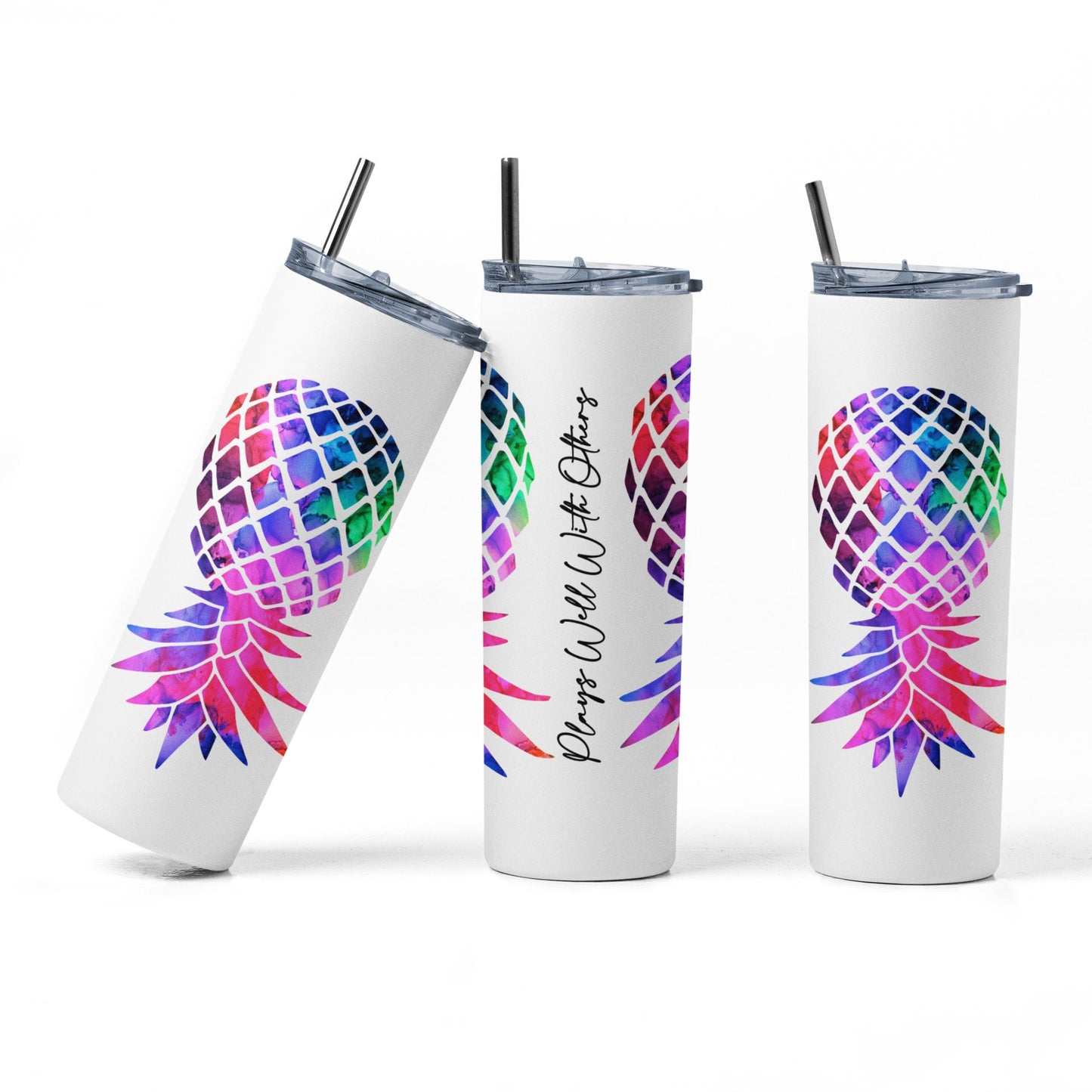 Rainbow Colored Upside Down Pineapple Tumbler, Plays Well With Others Cup, 20 oz Skinny Drinkware, Swinger / Lifestyle Tumbler, Gag Gift