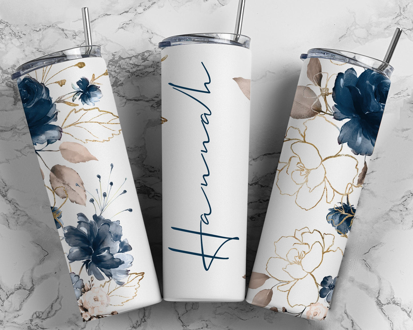 GLOW in the dark Personalized Blue and Gold Rose Tumbler, Floral Insulated twenty ounce Glow Cup, Bridesmaid Tumbler