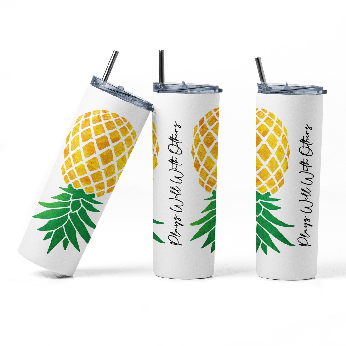 Yellow Upside Down Pineapple Plays Well With Others Sublimation 20 oz Tumbler, Swinger/Lifestyle Tumbler, Gag Gift, Insulated cup