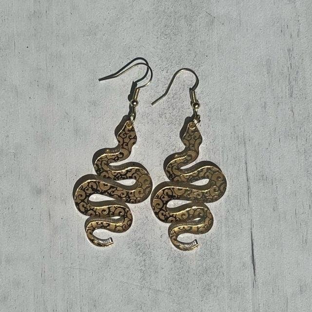 Acrylic gold mirrored snake earrings, snake earrings, Boho snake earrings, acrylic earrings, dangly earrings, reptile earrings.