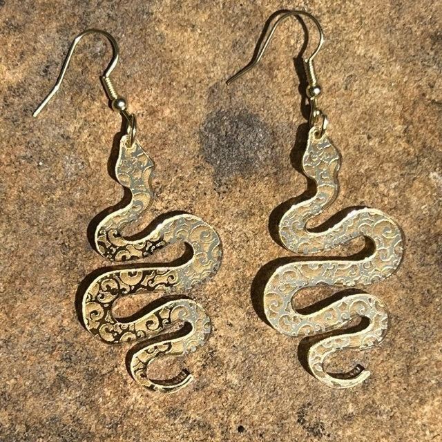 Acrylic gold mirrored snake earrings, snake earrings, Boho snake earrings, acrylic earrings, dangly earrings, reptile earrings.