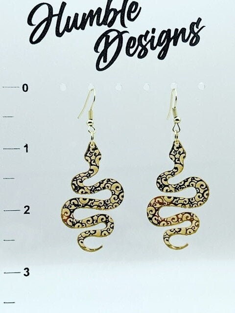 Acrylic gold mirrored snake earrings, snake earrings, Boho snake earrings, acrylic earrings, dangly earrings, reptile earrings.