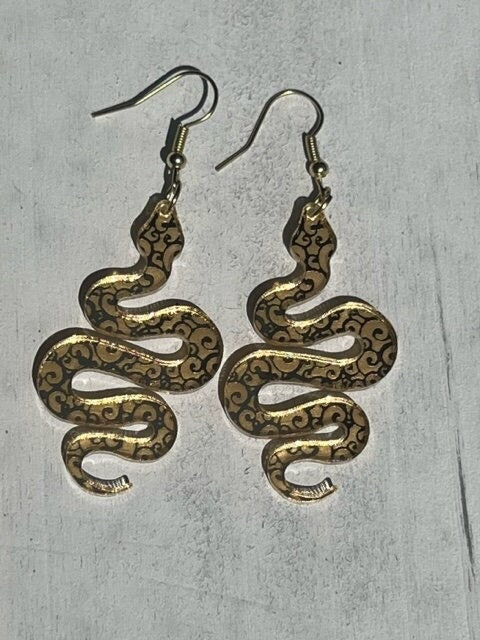 Acrylic gold mirrored snake earrings, snake earrings, Boho snake earrings, acrylic earrings, dangly earrings, reptile earrings.