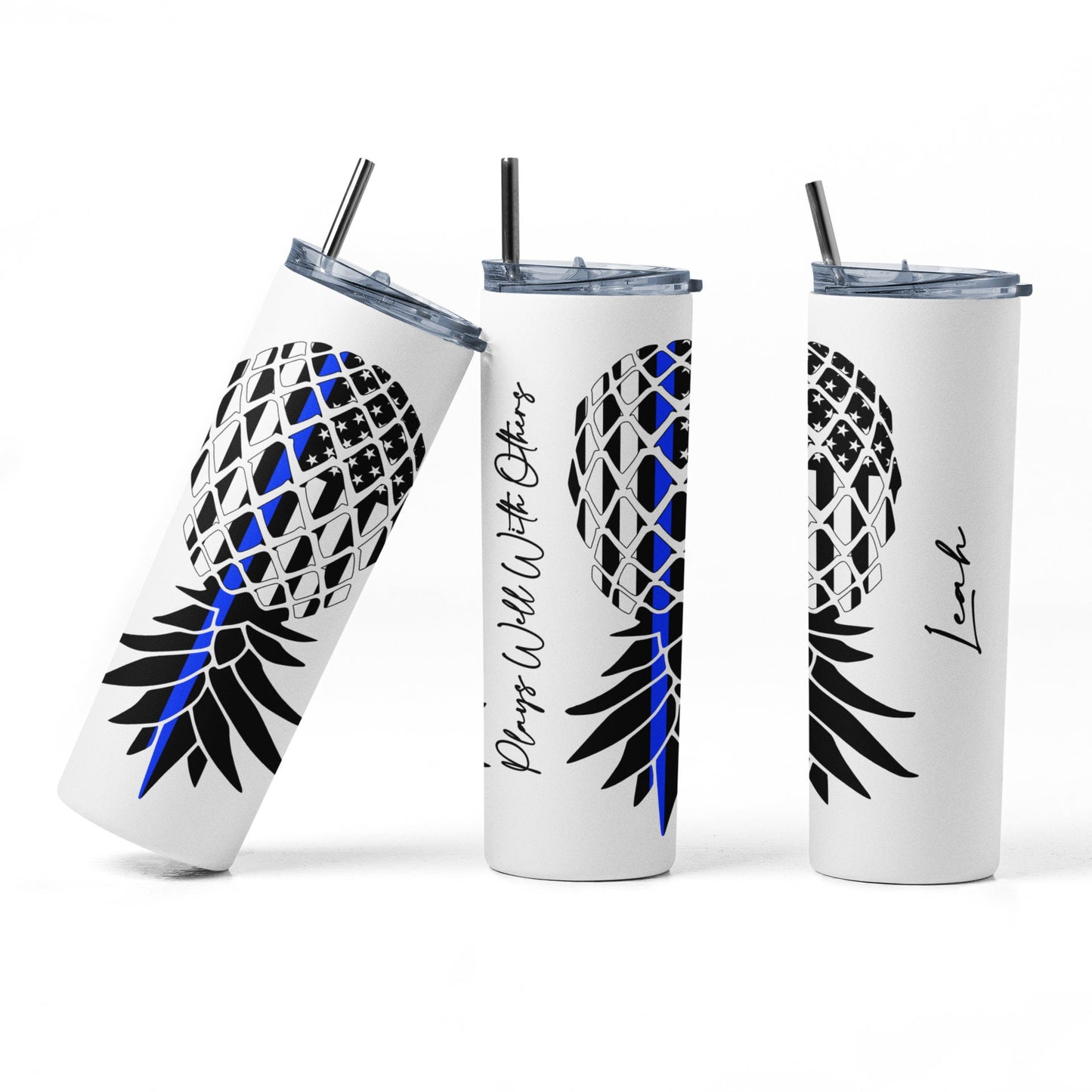 PERSONALIZED Upside Down Pineapple Plays Well With Others Thin Blue Line LEO Law Enforcement Sublimation 20 oz Tumbler, Swinger/Lifestyle