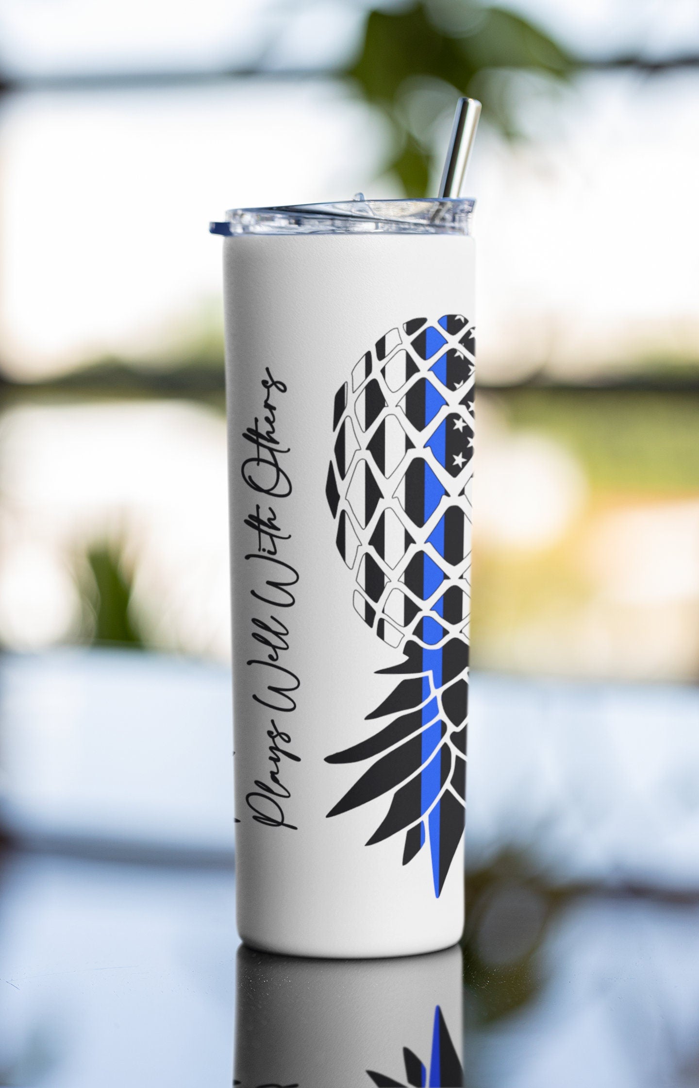 PERSONALIZED Upside Down Pineapple Plays Well With Others Thin Blue Line LEO Law Enforcement Sublimation 20 oz Tumbler, Swinger/Lifestyle