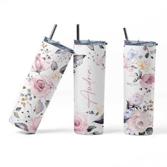 GLOW in the Dark Personalized Watercolor Floral Sublimation 20 oz Tumbler, Insulated Cup, Bridesmaid, Mother's Day, or Valentine gift.