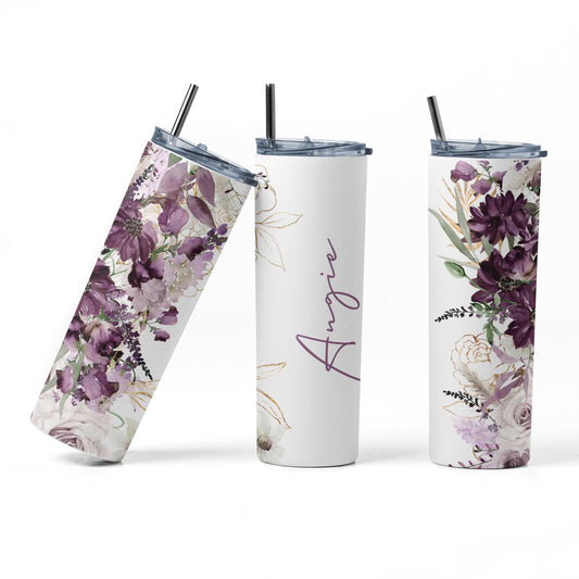 GLOW in the Dark Personalized Purple Floral 20 oz Skinny Tumbler