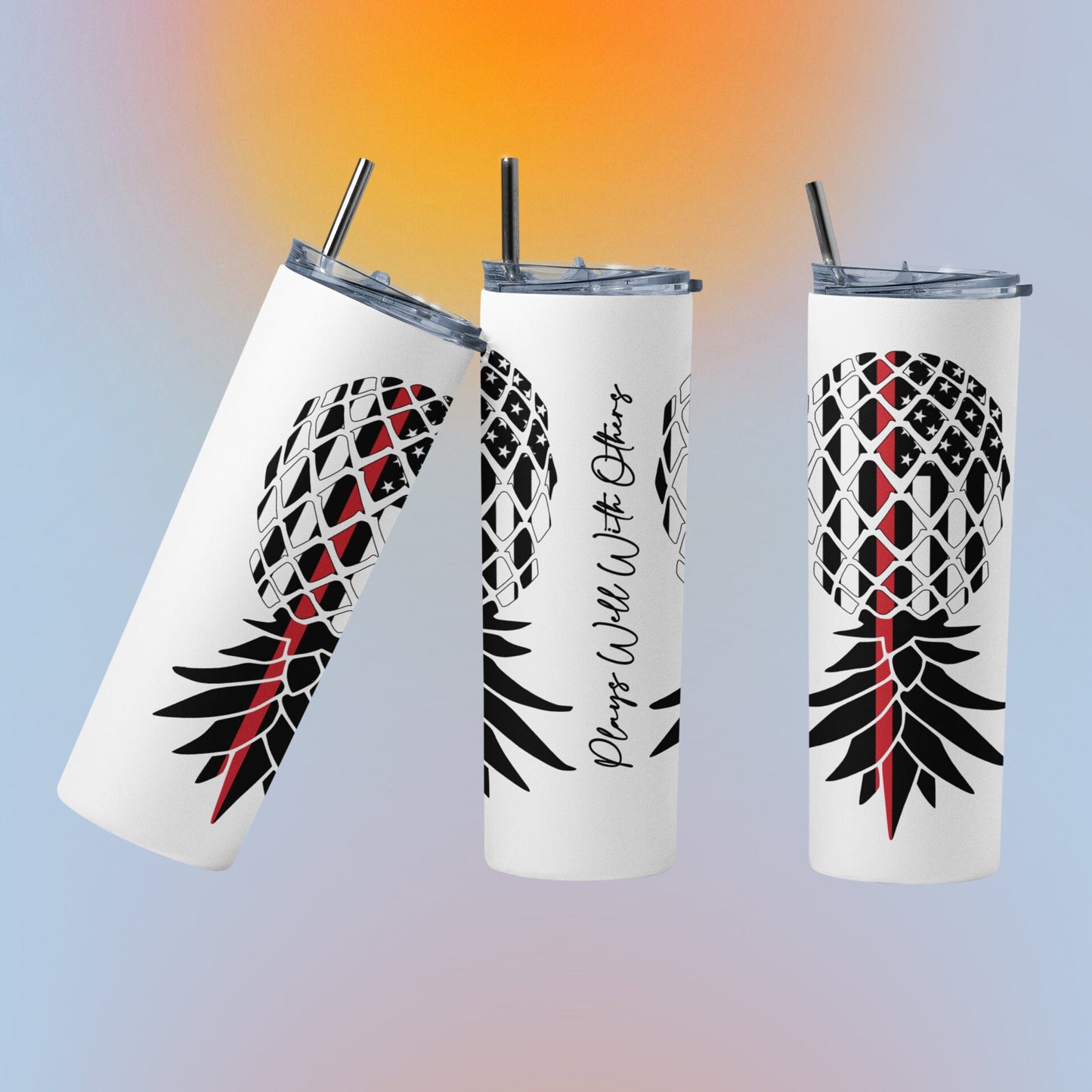 Firefighter Upside Down Pineapple Glow Tumbler - Plays Well With Others Lifestyle Gift - Thin Red Line Flag Pineapple