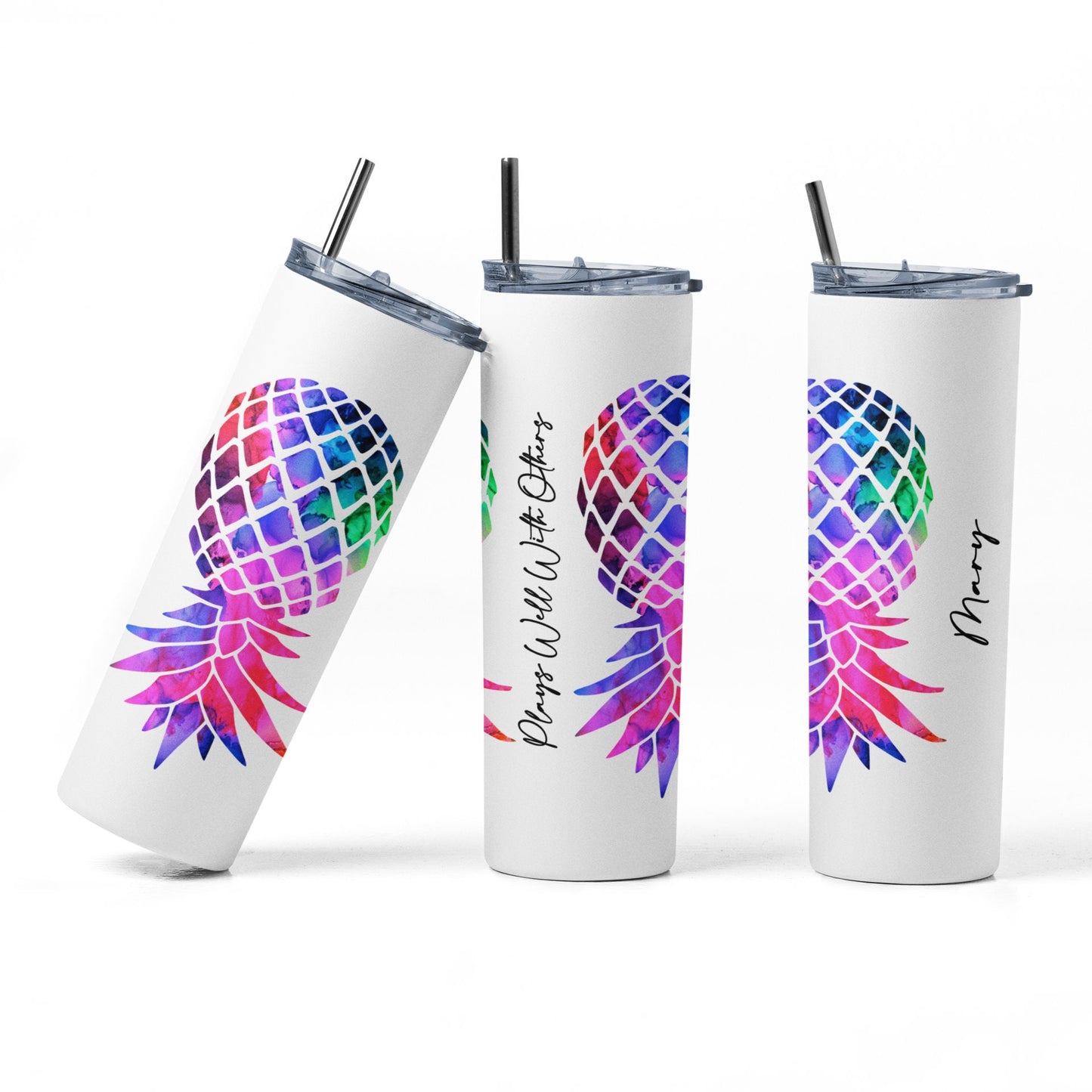 PERSONALIZED Upside Down Pineapple Plays Well With Others Sublimation 20 oz Tumbler, Bi Rainbow, Swinger/Lifestyle Tumbler, Gag Gift