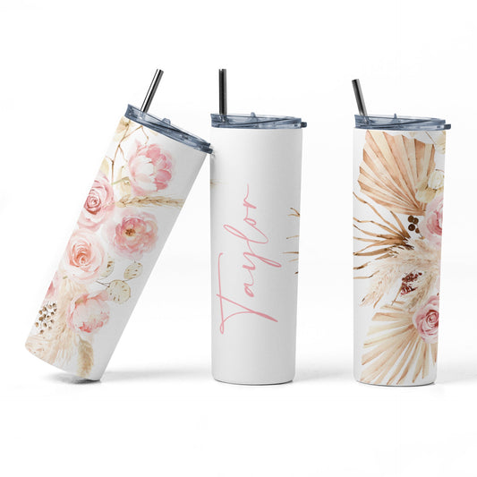 Glow in the dark Personalized Pink/Peach Floral Sublimation Skinny 20 oz Tumbler, Personalized floral tumbler, Bridesmaid or wedding gift