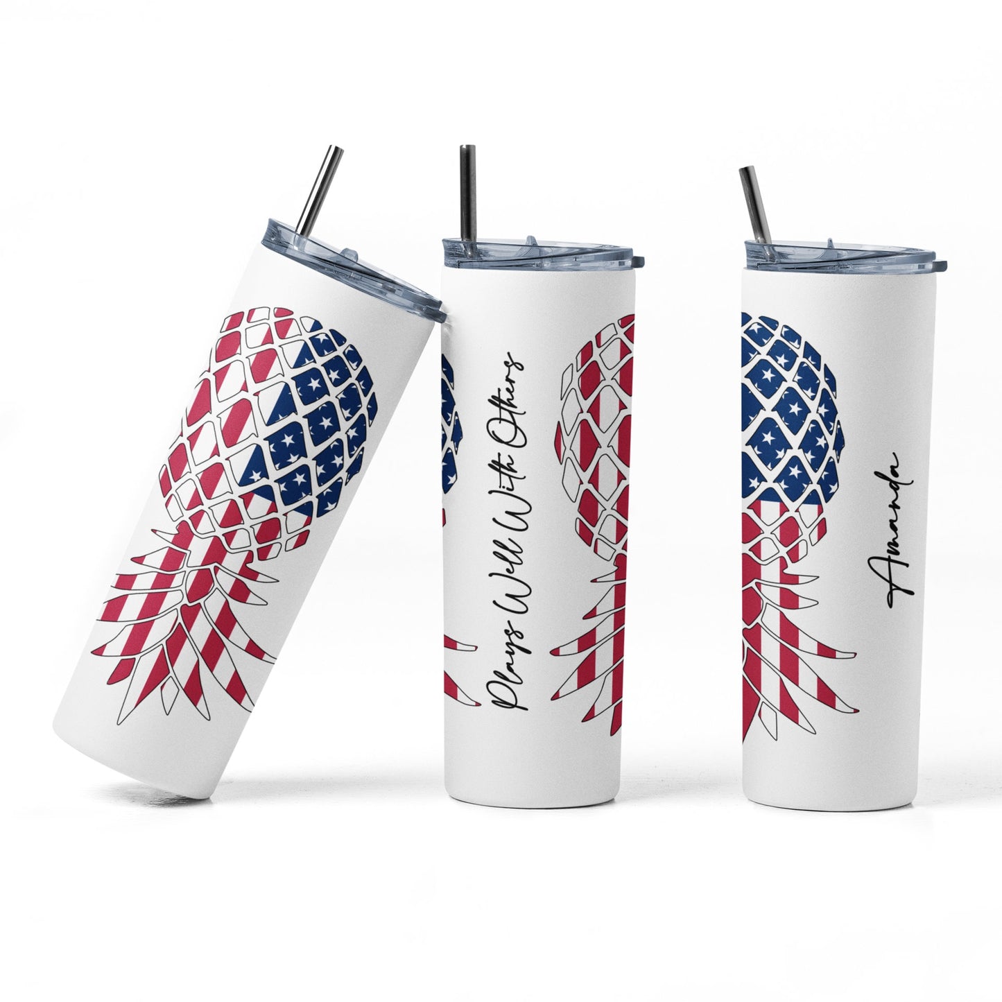 PERSONALIZED Upside Down Pineapple Plays Well With Others American Flag Sublimation 20 oz Tumbler, Lifestyle/Swinger Tumbler, Gag Gift,