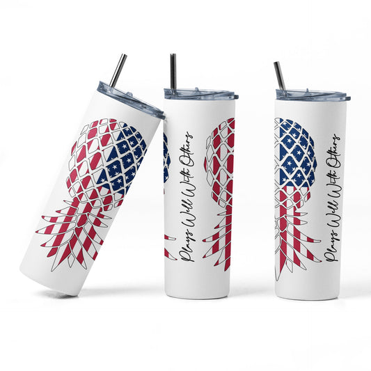 Upside Down Pineapple Plays Well With Others American Flag Sublimation 20 oz Tumbler, Lifestyle/Swinger Tumbler, Gag Gift, Insulated Cup