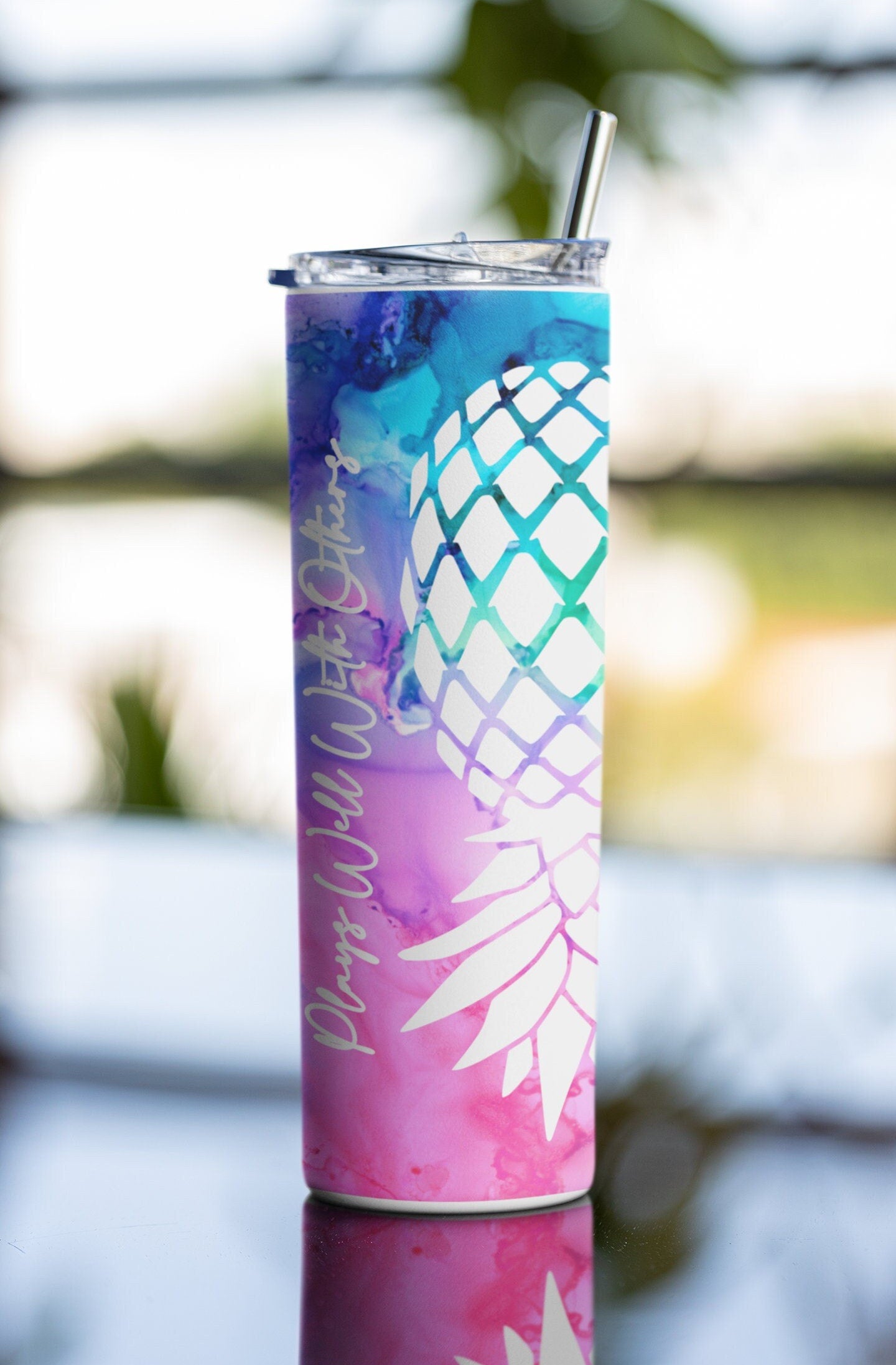 White Upside Down Pineapple Plays Well With Others Sublimation 20 oz Tumbler, Bi Rainbow, Swinger/Lifestyle Tumbler, Gag Gift