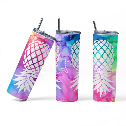 White Upside Down Pineapple Personalized Glow Tumbler - Rainbow Pineapple Lifestyle