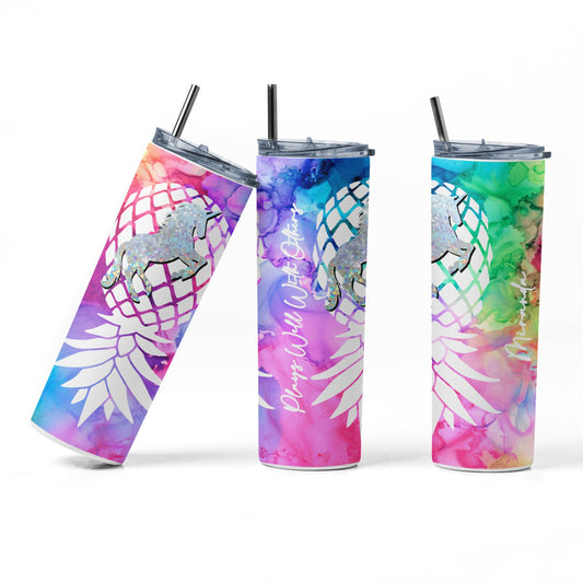 Rainbow Upside Down Pineapple Unicorn Glow Tumbler, Personalized Unicorn 20 oz Tumbler, Unicorn / Swinger / Lifestyle Cup, Gag Gift