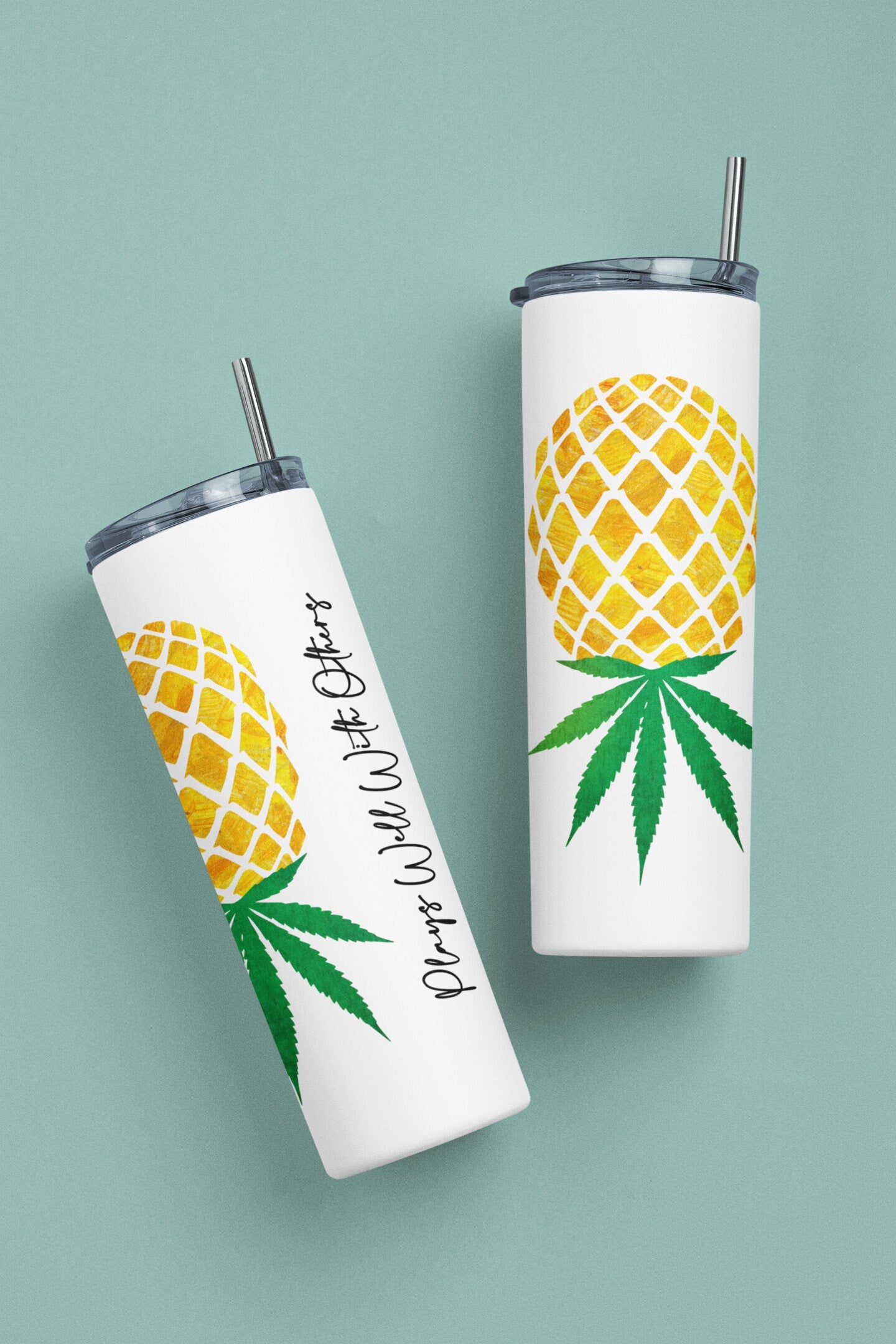 Weed Upside Down Pineapple Glow Tumbler - 420 Plays Well With Others Lifestyle Gift