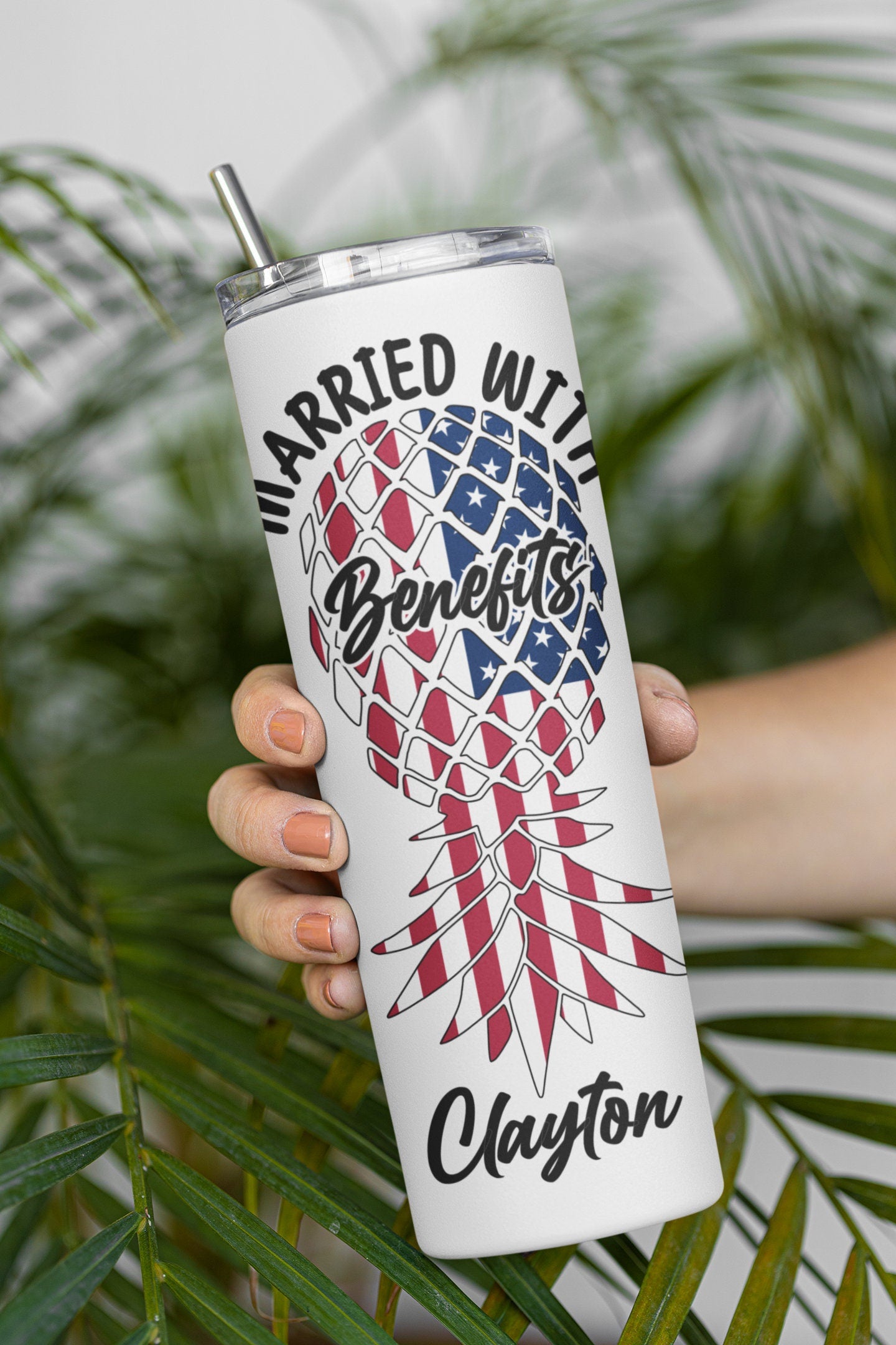 Personalized Flag Upside Down Pineapple GLOW Tumbler, Married With Benefits Pineapple Glow Cup, Sublimated 20oz Lifestyle / Swinger Gift