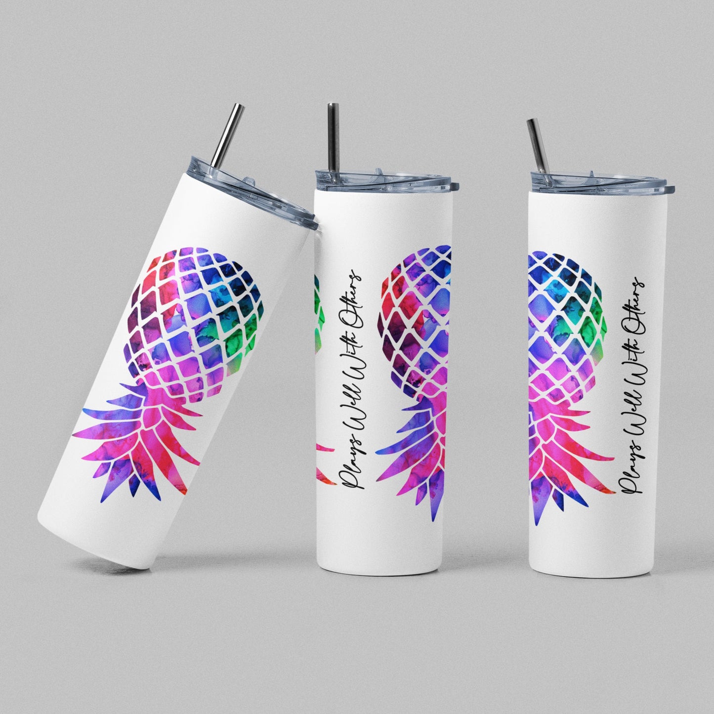 Rainbow Colored Upside Down Pineapple Tumbler, Plays Well With Others Cup, 20 oz Skinny Drinkware, Swinger / Lifestyle Tumbler, Gag Gift