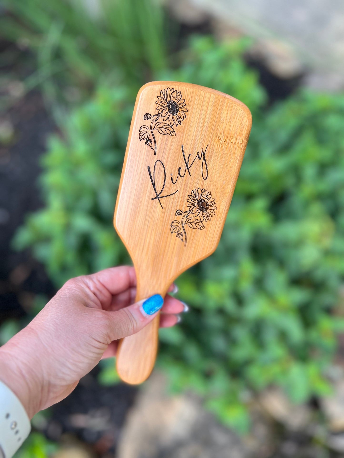 Personalized Bamboo Hair Brush, Sunflower Wooden Paddle Hair Brush, Strawberry and Blue Berry Hair Accessory,  Women's Birthday Gift