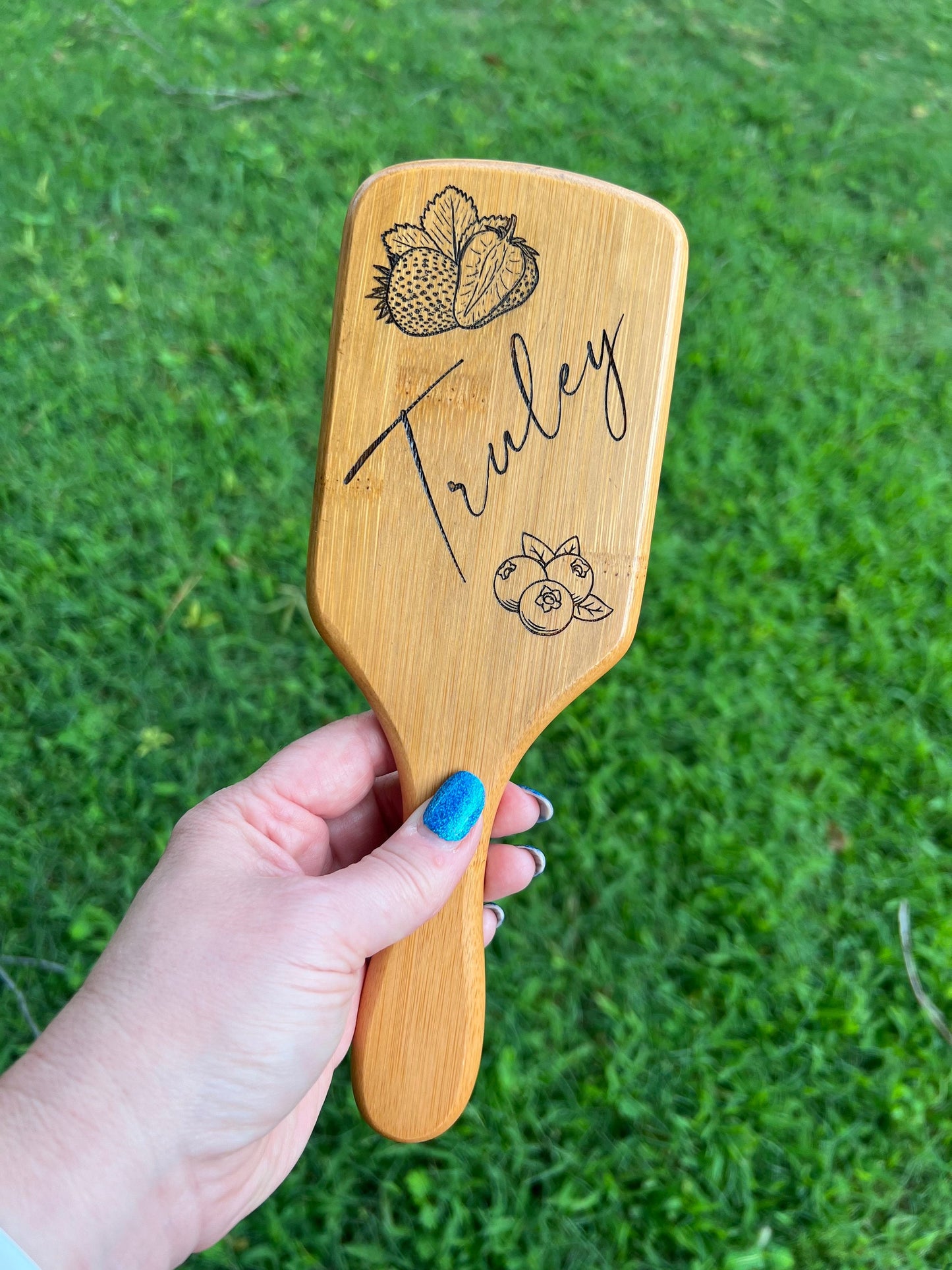 Personalized Bamboo Hair Brush, Sunflower Wooden Paddle Hair Brush, Strawberry and Blue Berry Hair Accessory,  Women's Birthday Gift