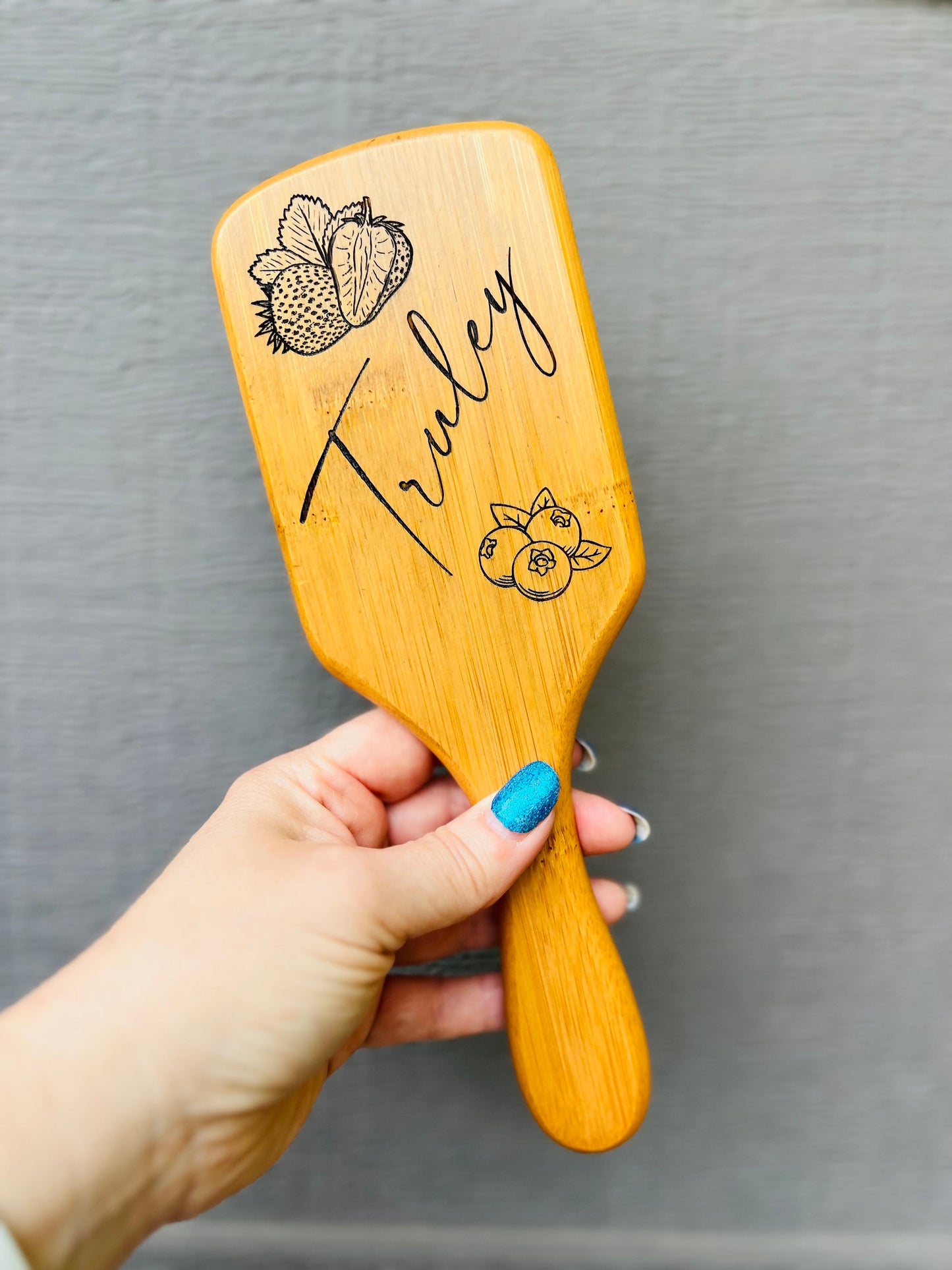 Personalized Bamboo Hair Brush, Sunflower Wooden Paddle Hair Brush, Strawberry and Blue Berry Hair Accessory,  Women's Birthday Gift