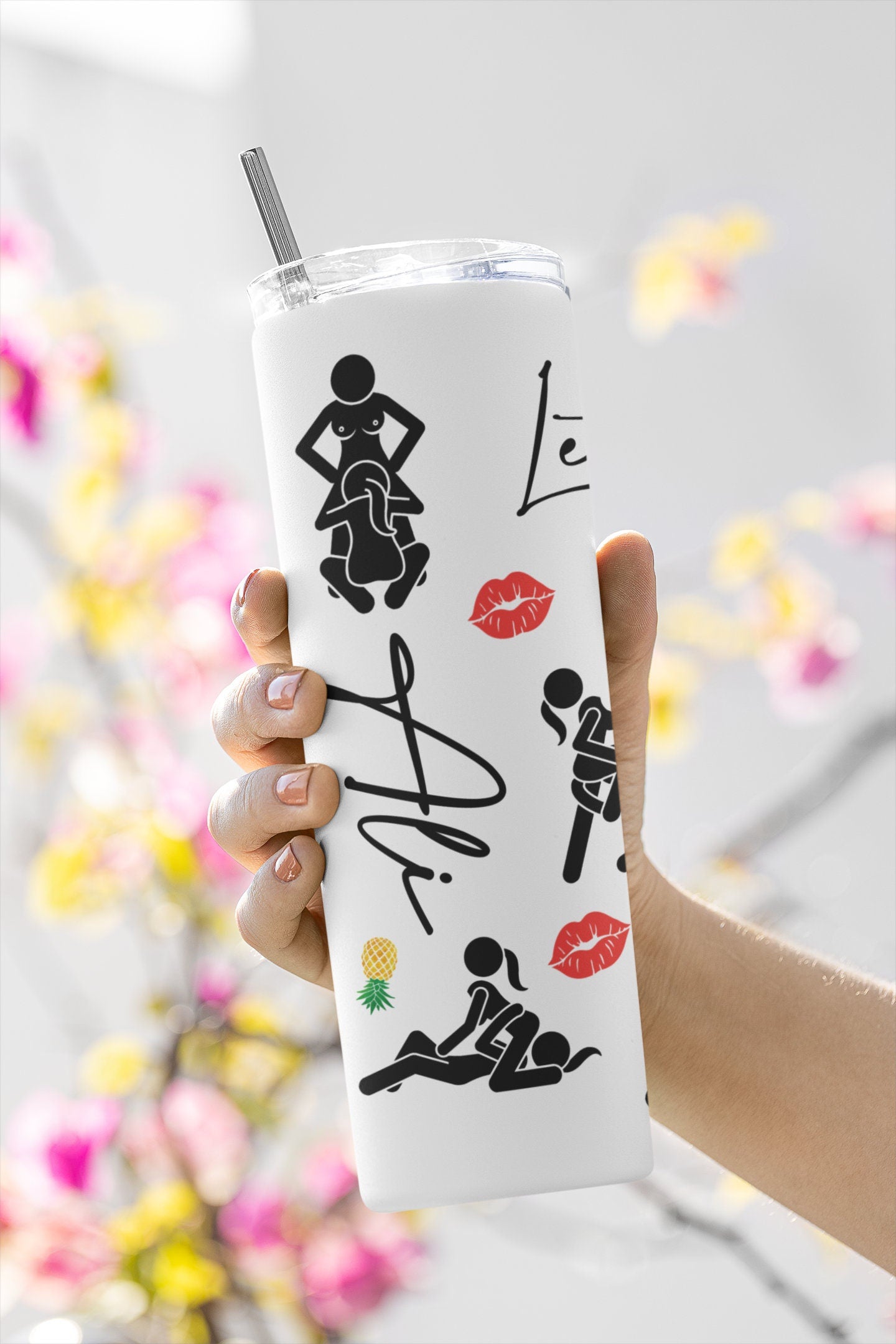 Personalized Let's Get Wet! Swinger Tumbler, Lesbian Girls Sex Positions With Yellow Upside Down Pineapples, 20 oz Skinny Cup