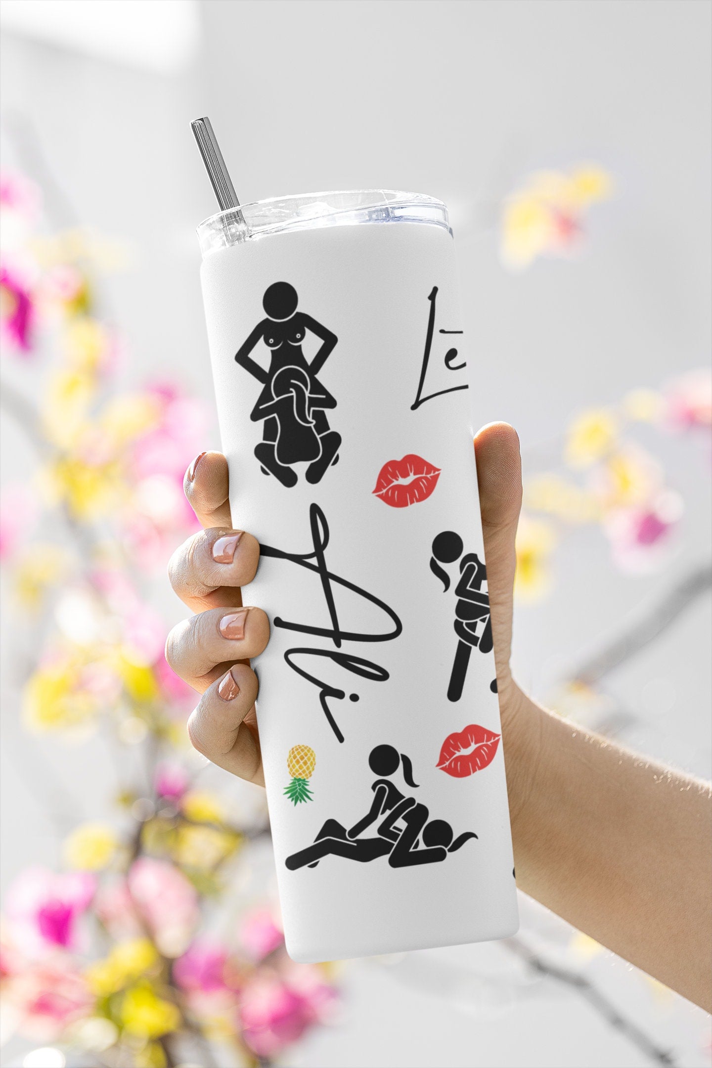 Personalized Let's Get Wet! Swinger GLOW Tumbler, Lesbian Girls Sex Positions With Yellow Upside Down Pineapples, 20 oz Skinny Cup