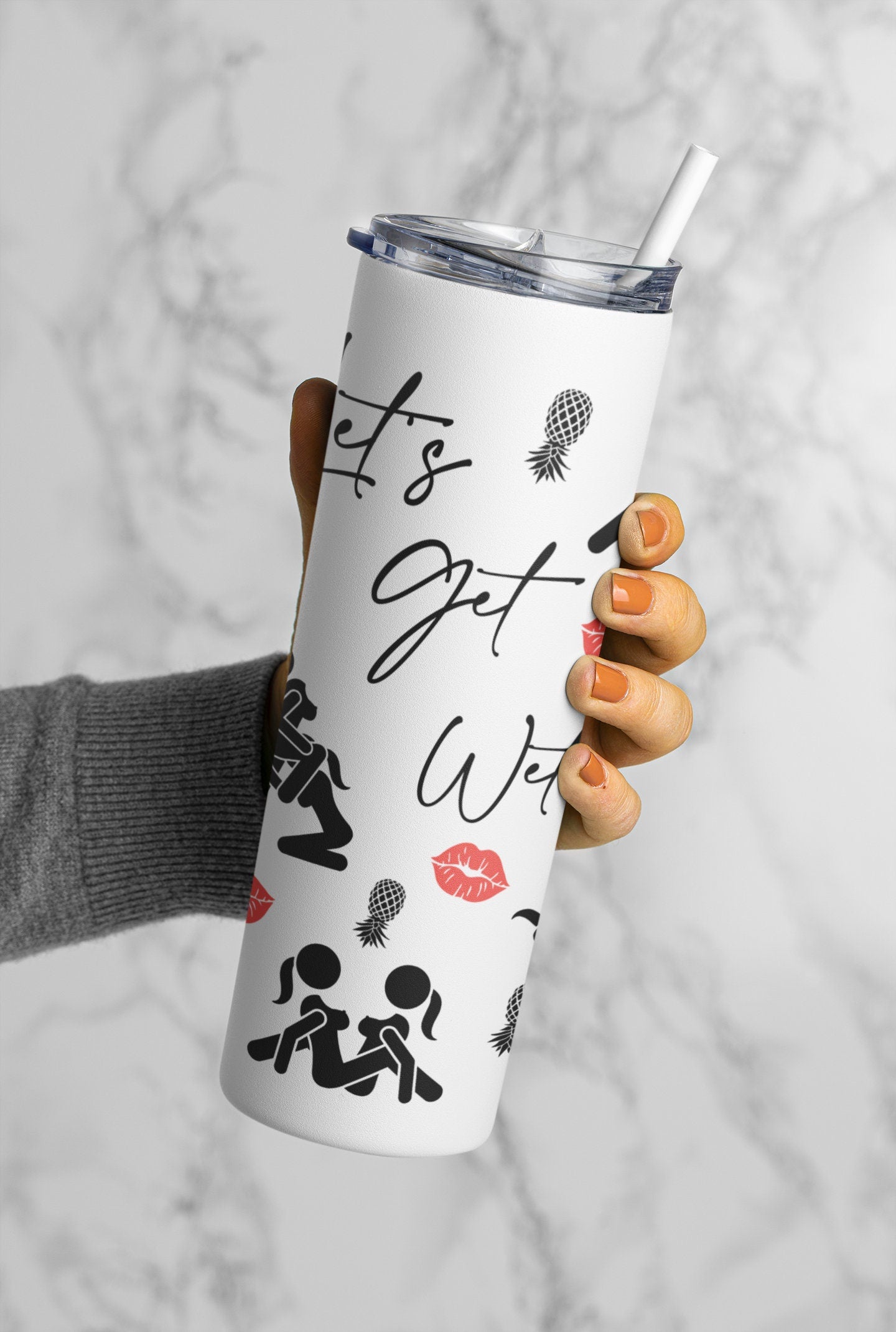 Personalized Let's Get Wet! Swinger GLOW  Tumbler, Girl on Girl Sex Positions With Upside Down Pineapples, 20 oz Skinny Cup, Naughty gift