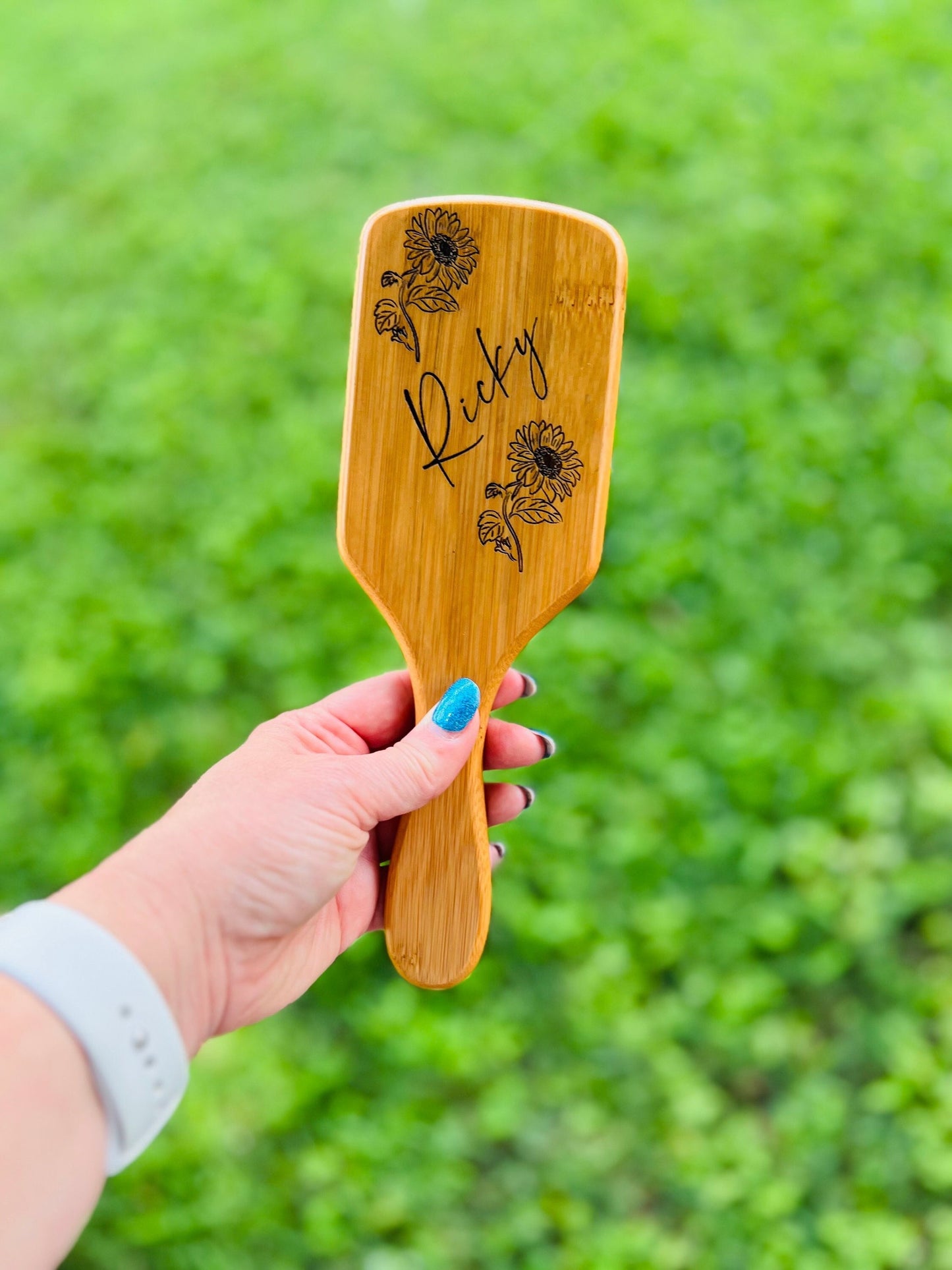 Personalized Bamboo Hair Brush, Sunflower Wooden Paddle Hair Brush, Strawberry and Blue Berry Hair Accessory,  Women's Birthday Gift