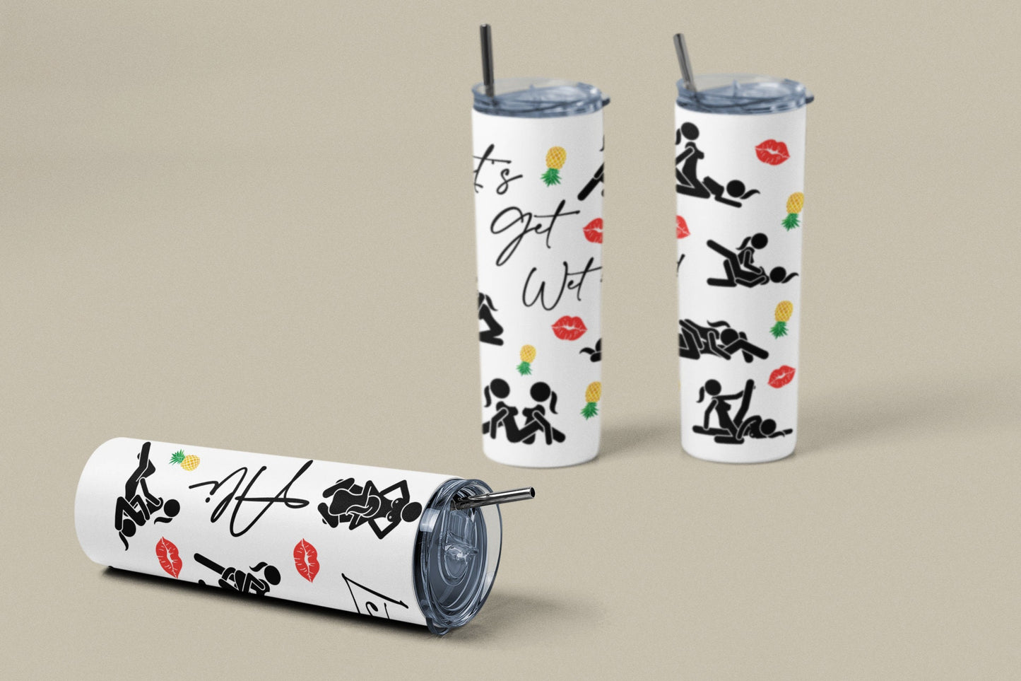 Personalized Let's Get Wet! Swinger Tumbler, Lesbian Girls Sex Positions With Yellow Upside Down Pineapples, 20 oz Skinny Cup