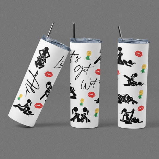 Personalized Let's Get Wet! Swinger Tumbler, Lesbian Girls Sex Positions With Yellow Upside Down Pineapples, 20 oz Skinny Cup