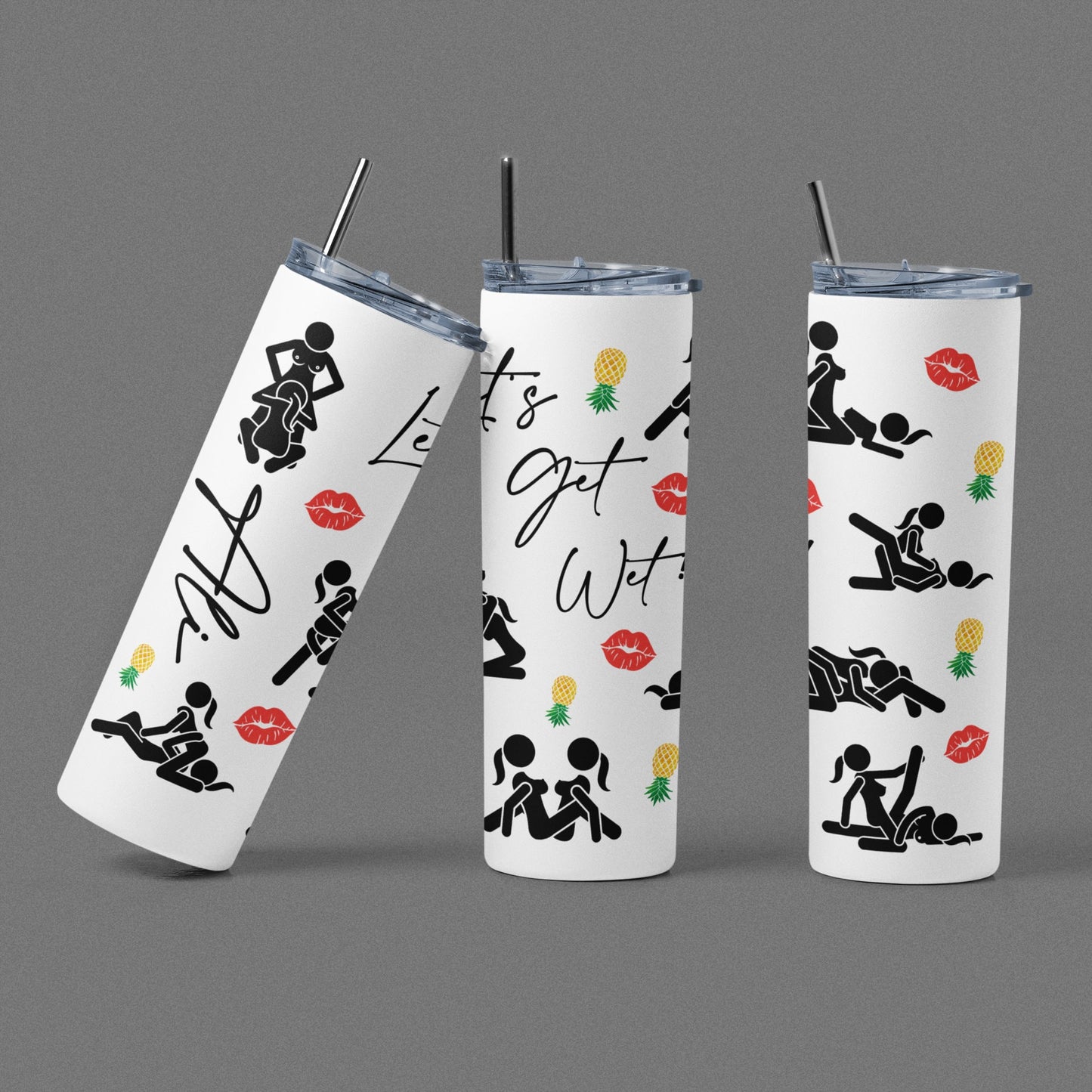 Personalized Let's Get Wet! Swinger GLOW Tumbler, Lesbian Girls Sex Positions With Yellow Upside Down Pineapples, 20 oz Skinny Cup