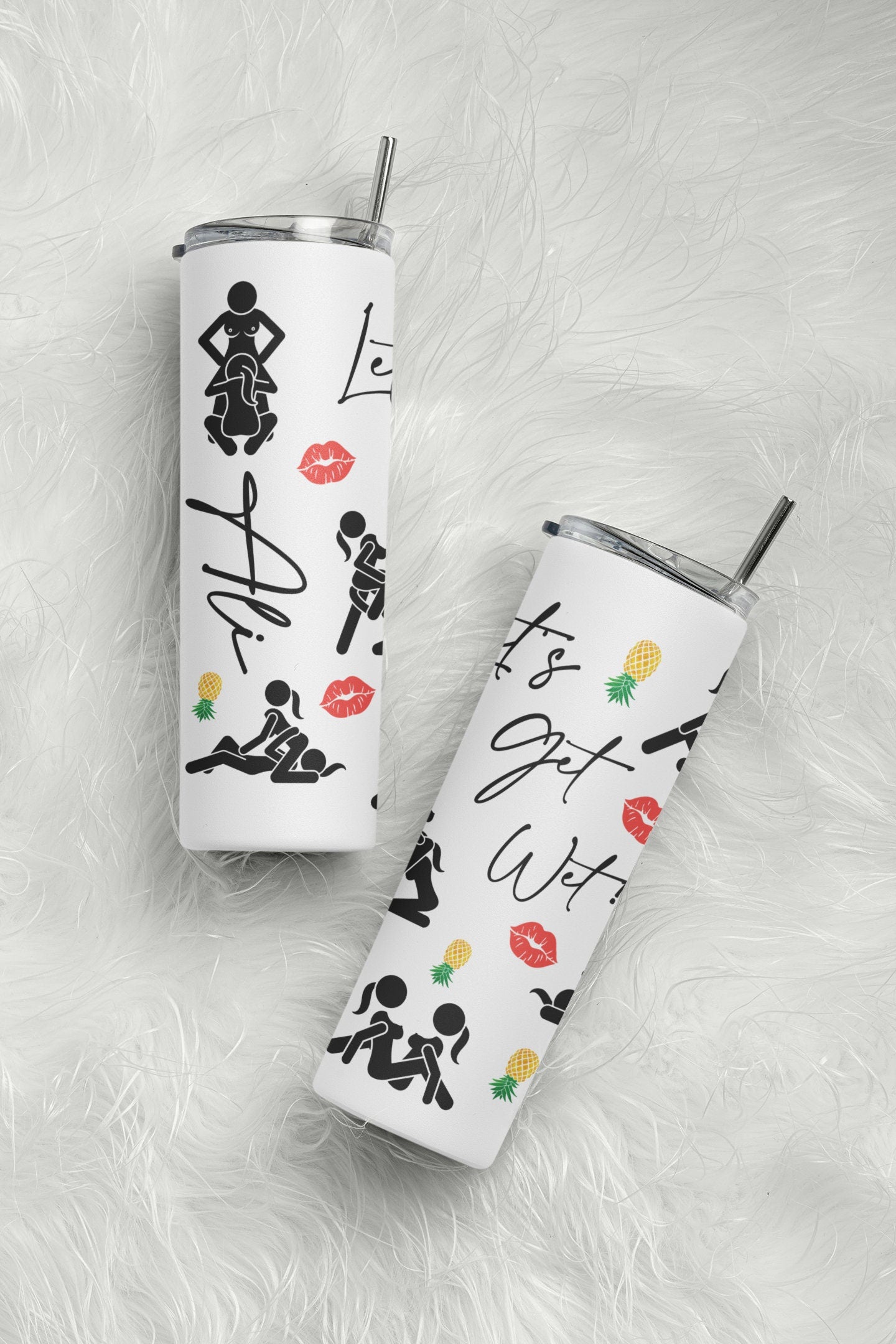 Personalized Let's Get Wet! Swinger Tumbler, Lesbian Girls Sex Positions With Yellow Upside Down Pineapples, 20 oz Skinny Cup